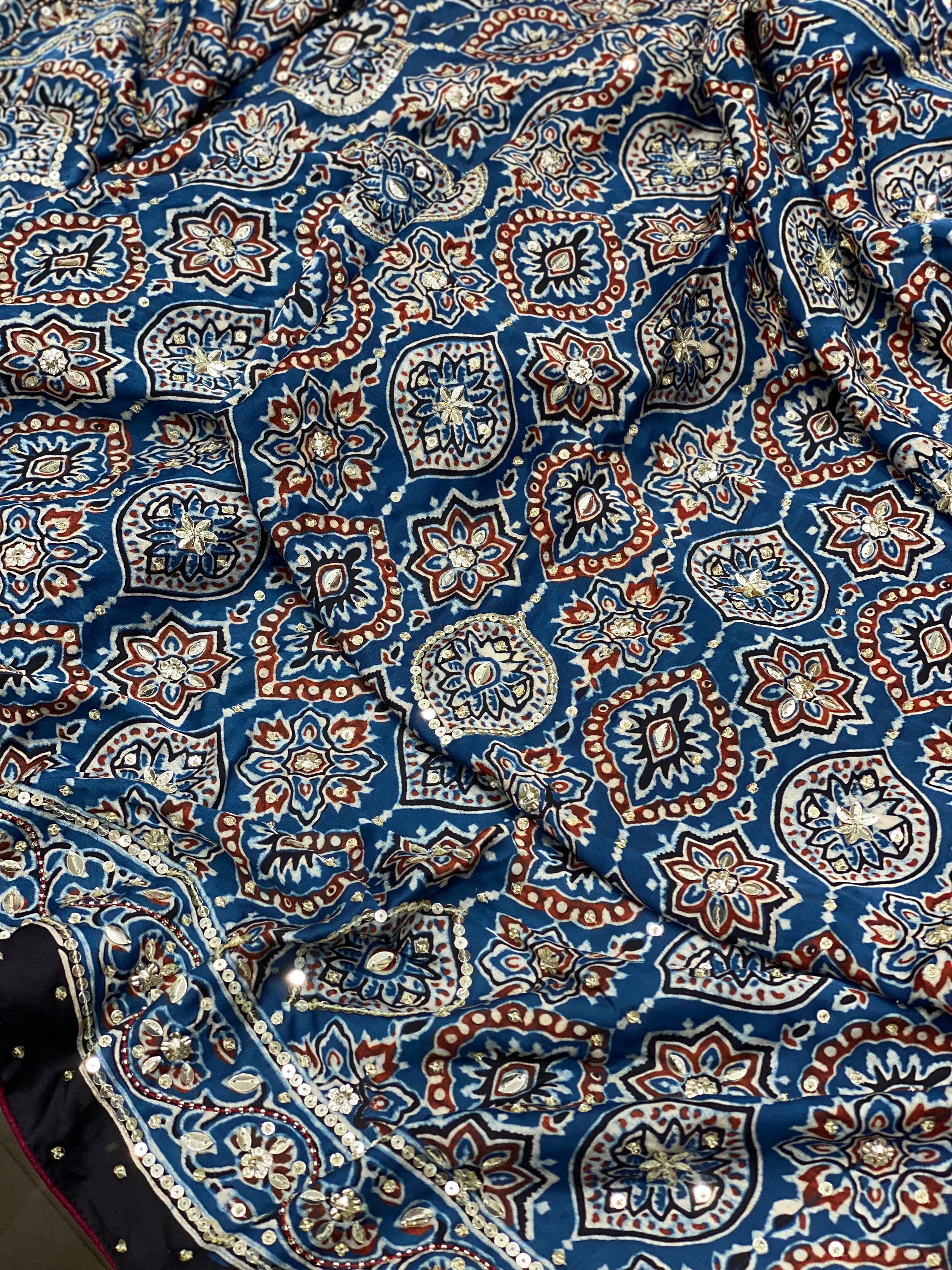 Blue Ajrakh Sequins Hand Embroidery Saree
