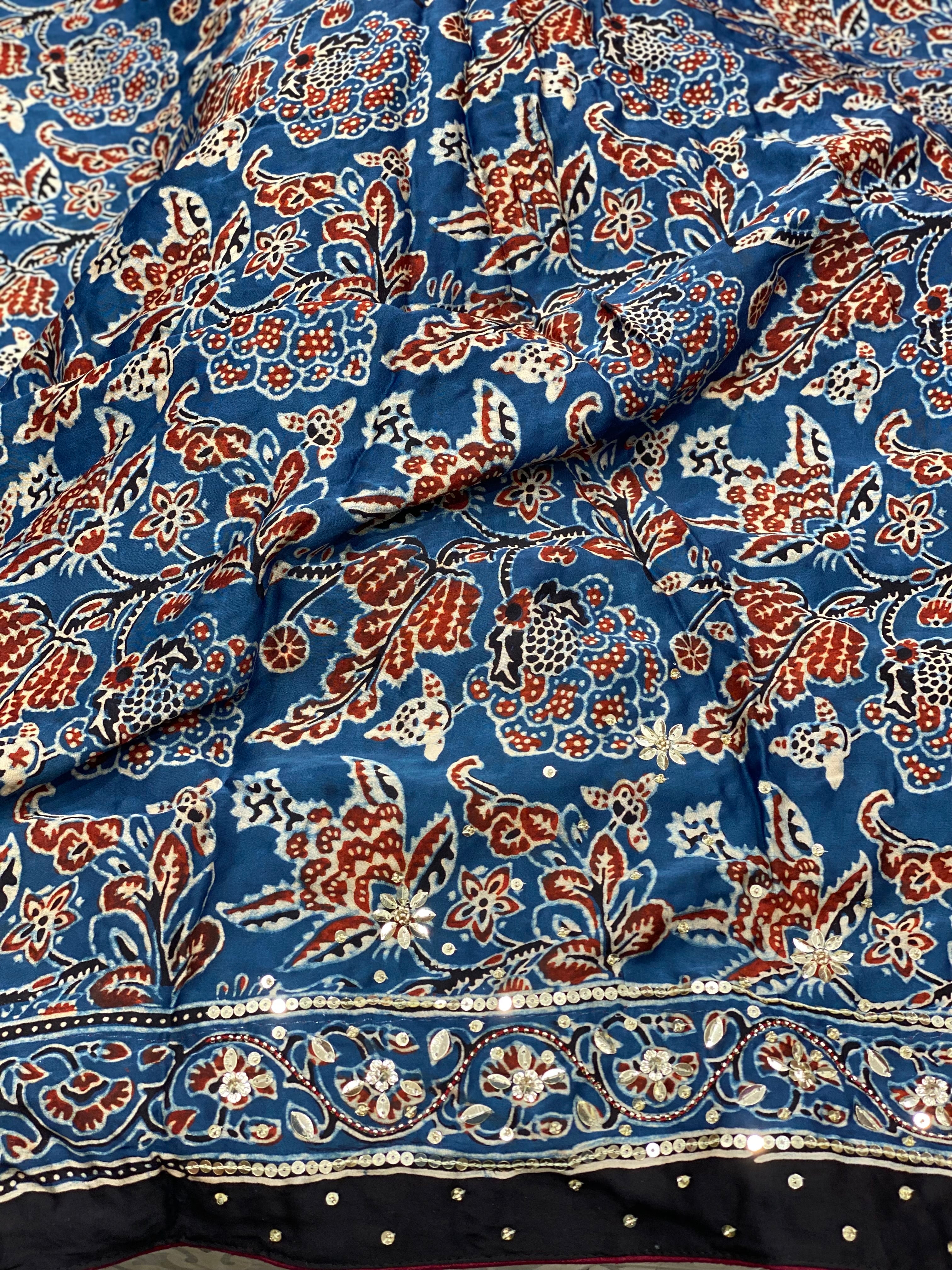 Blue Ajrakh Sequins Hand Embroidery Saree
