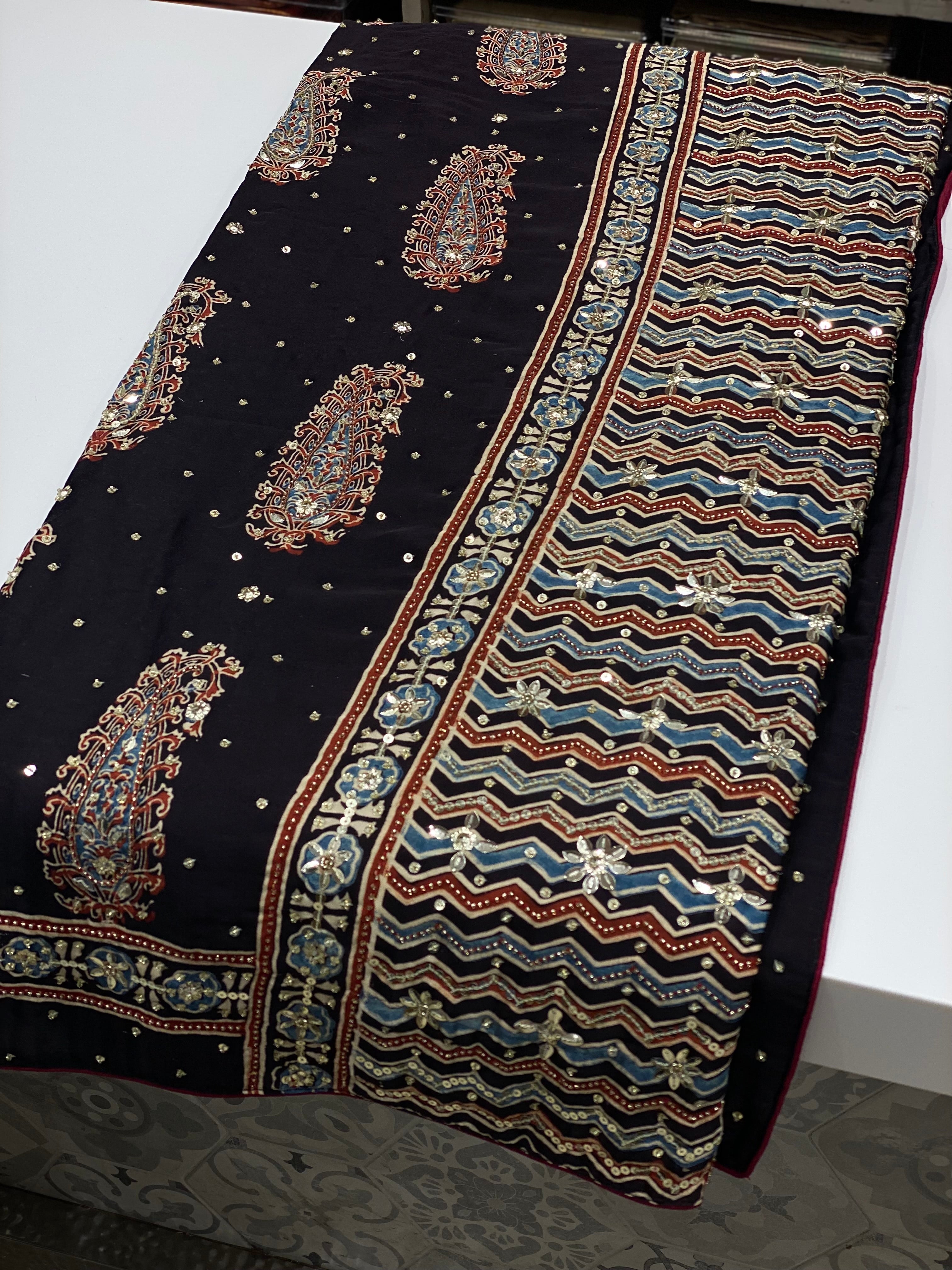 Black Big Butta Ajrakh Sequins Hand Embroidery Saree