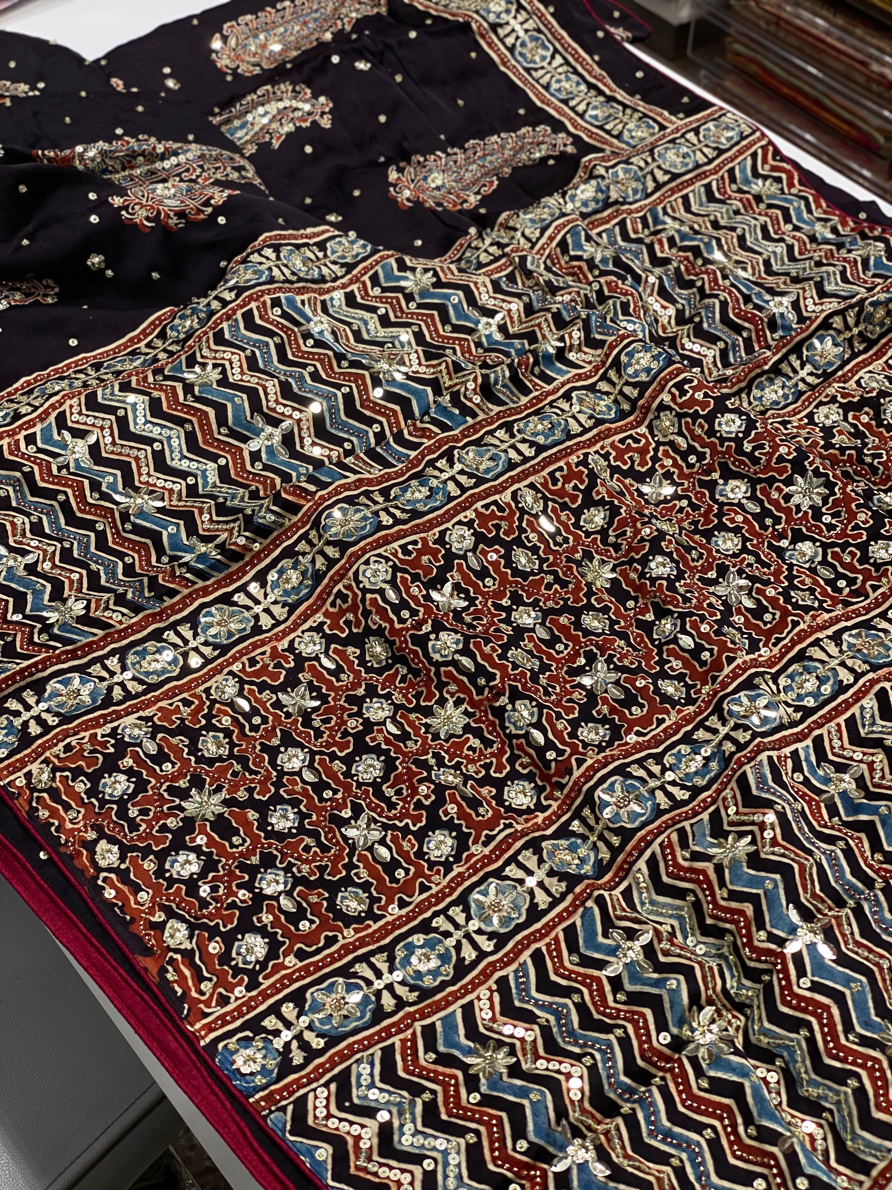 Black Big Butta Ajrakh Sequins Hand Embroidery Saree