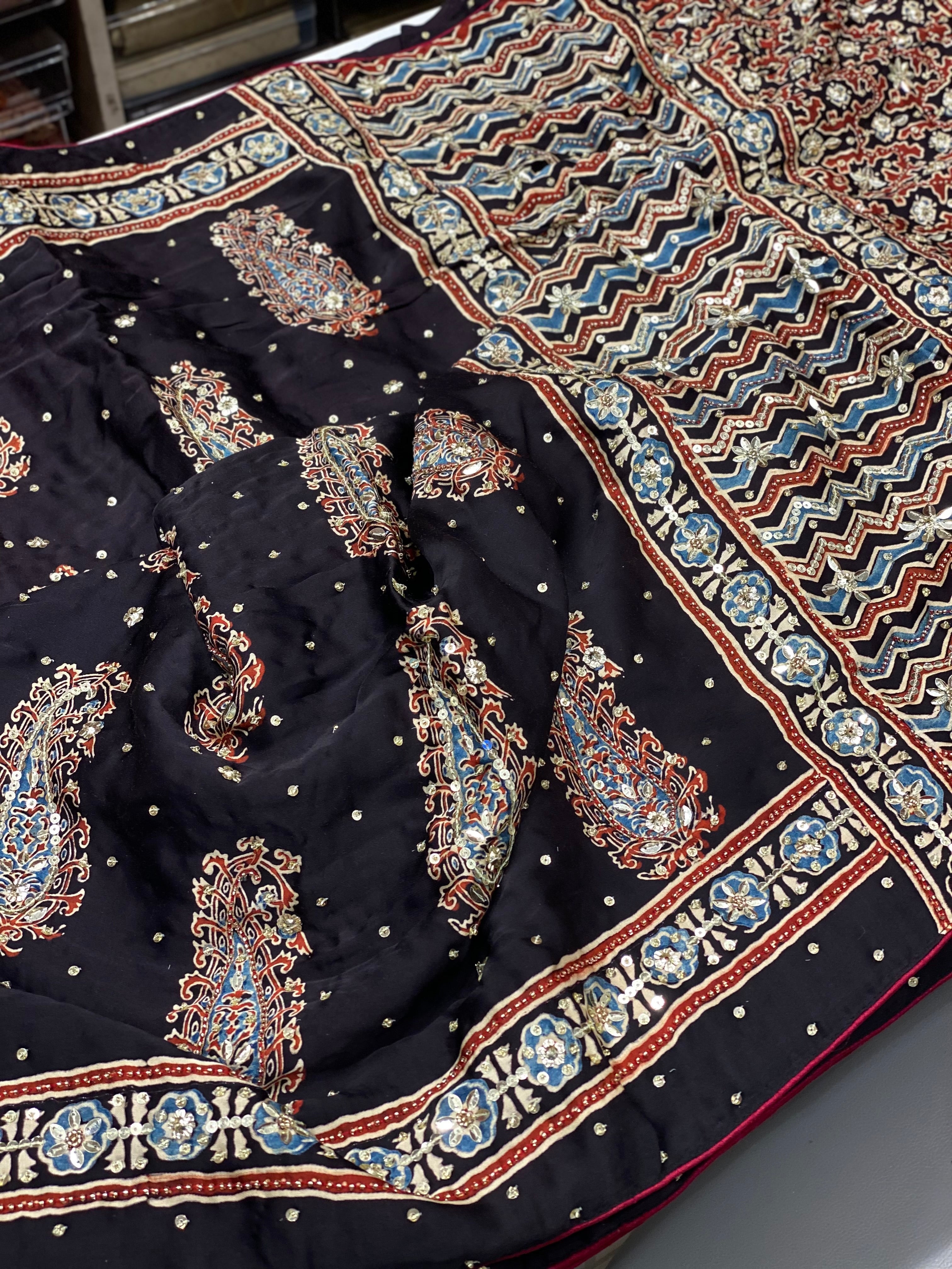 Black Big Butta Ajrakh Sequins Hand Embroidery Saree