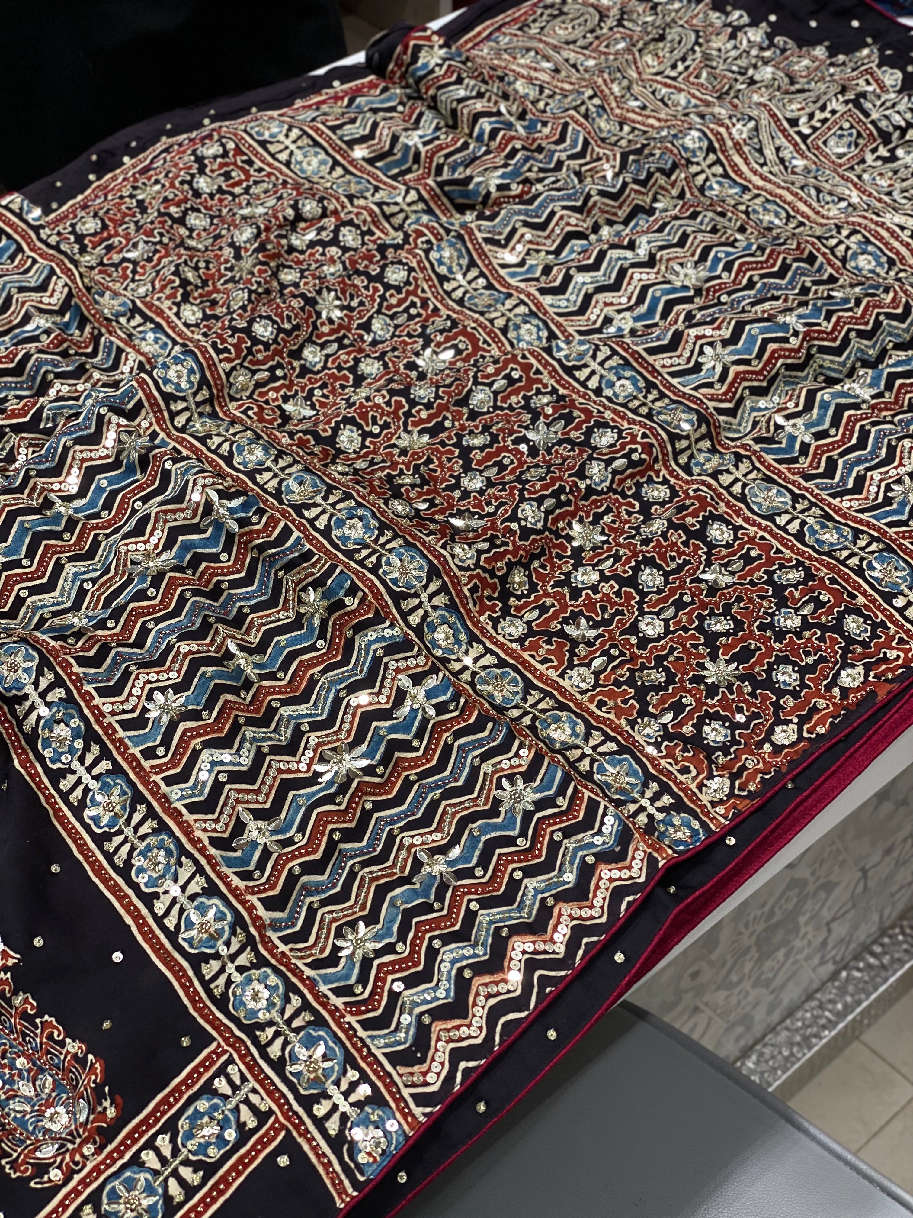 Black Big Butta Ajrakh Sequins Hand Embroidery Saree