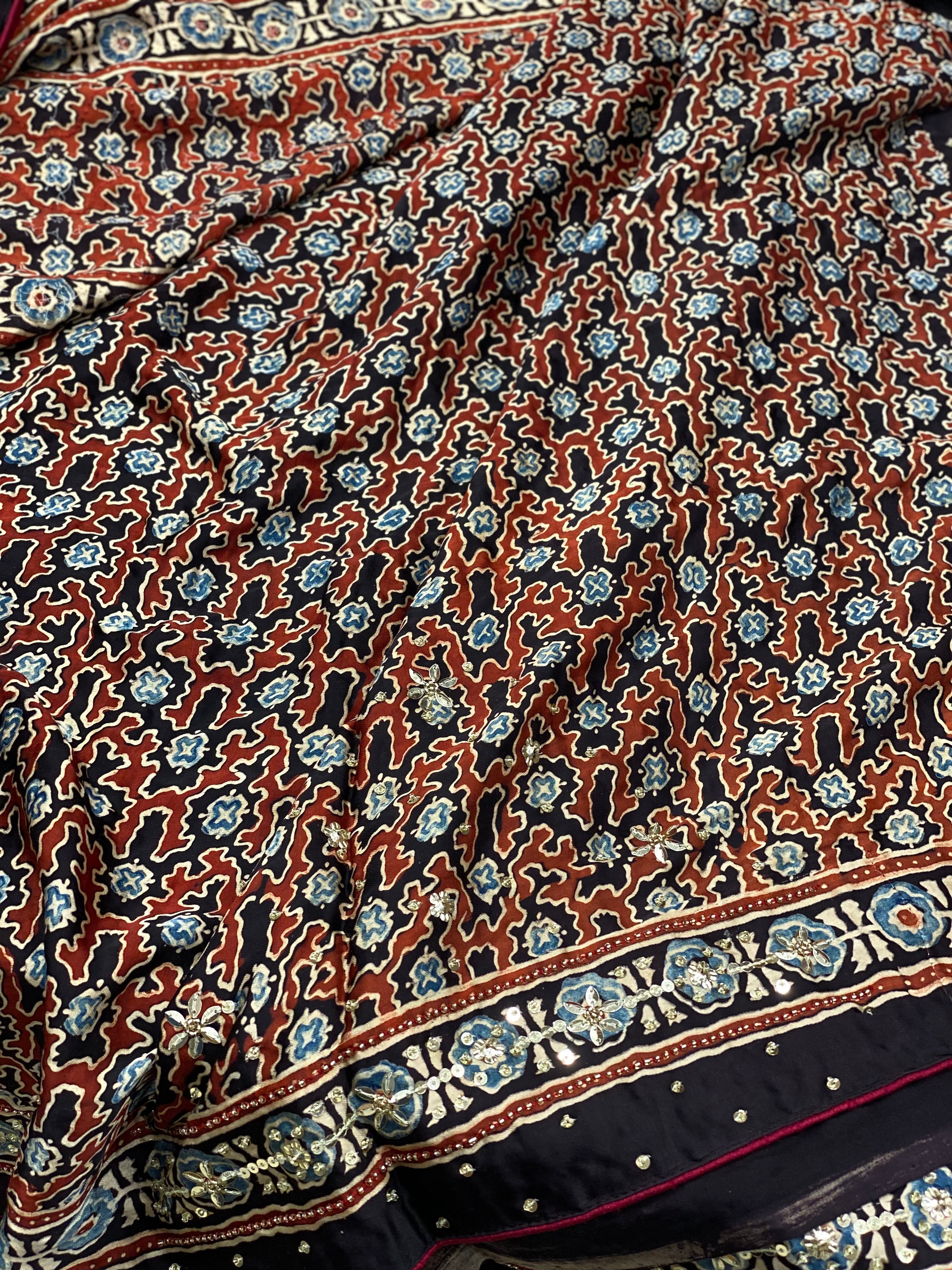 Black Big Butta Ajrakh Sequins Hand Embroidery Saree