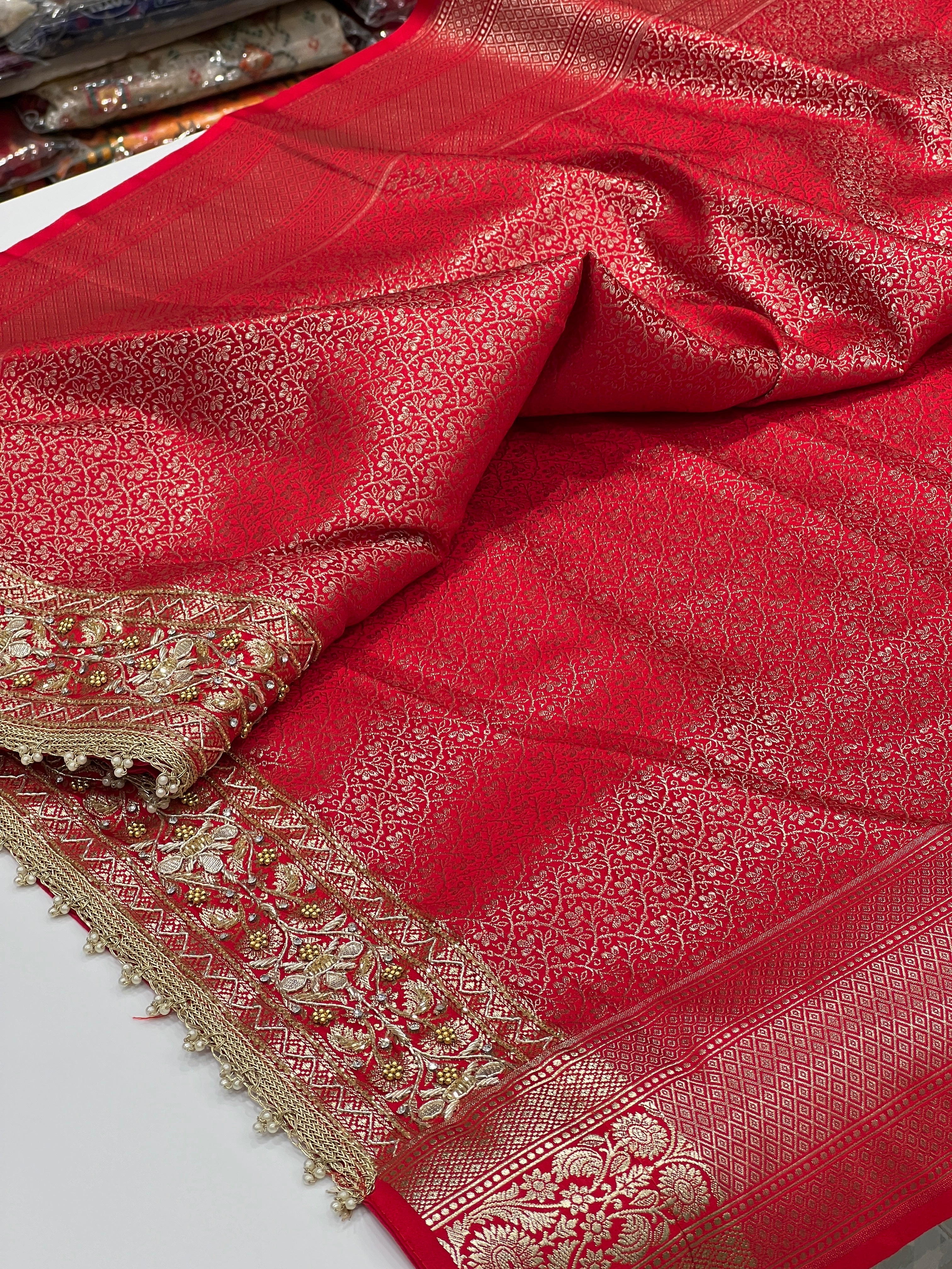 Red Banarasi Silk Moti Gota Hand Embroidery Saree