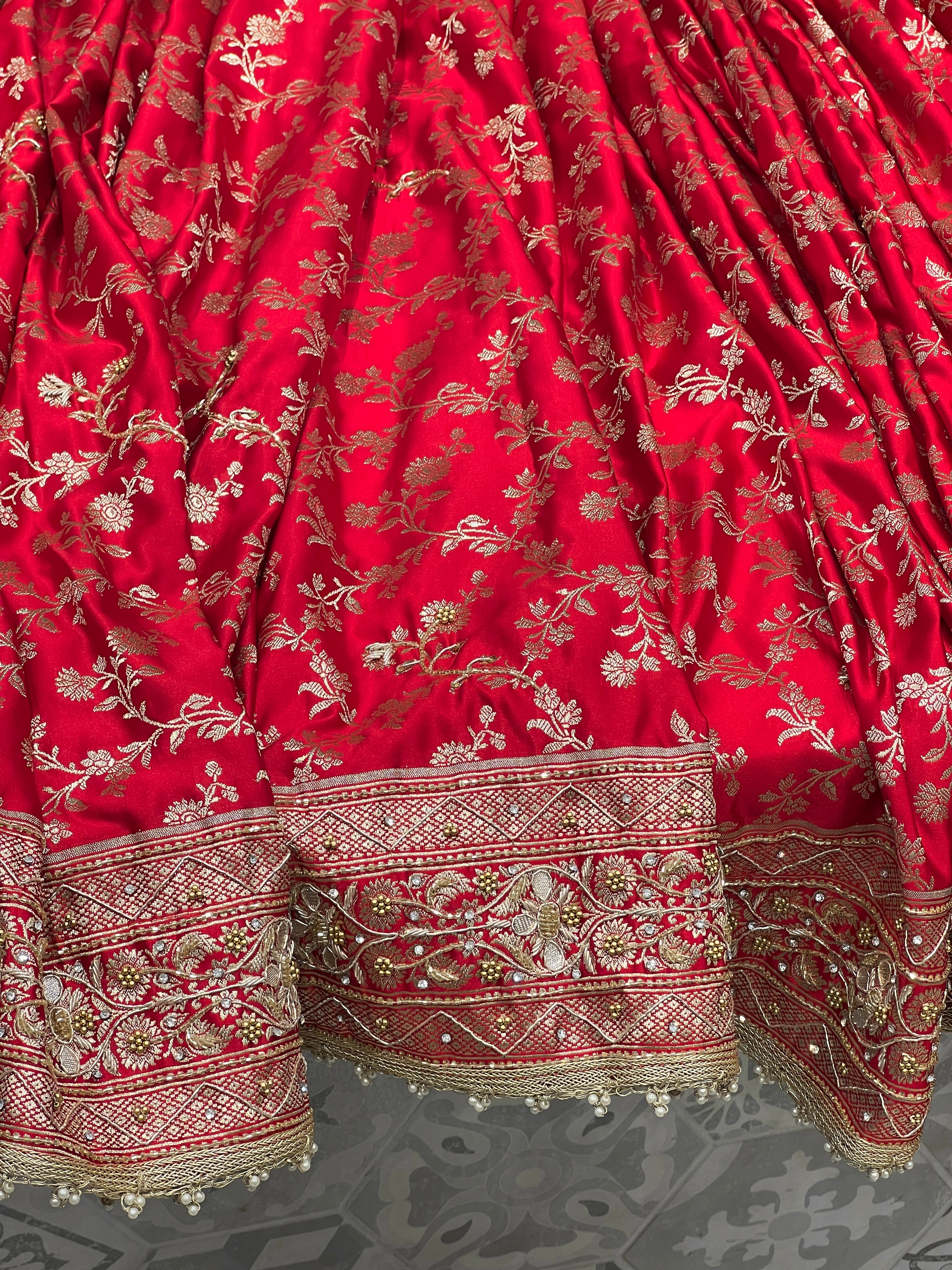 Red Banarasi Silk Moti Gota Hand Embroidery Saree