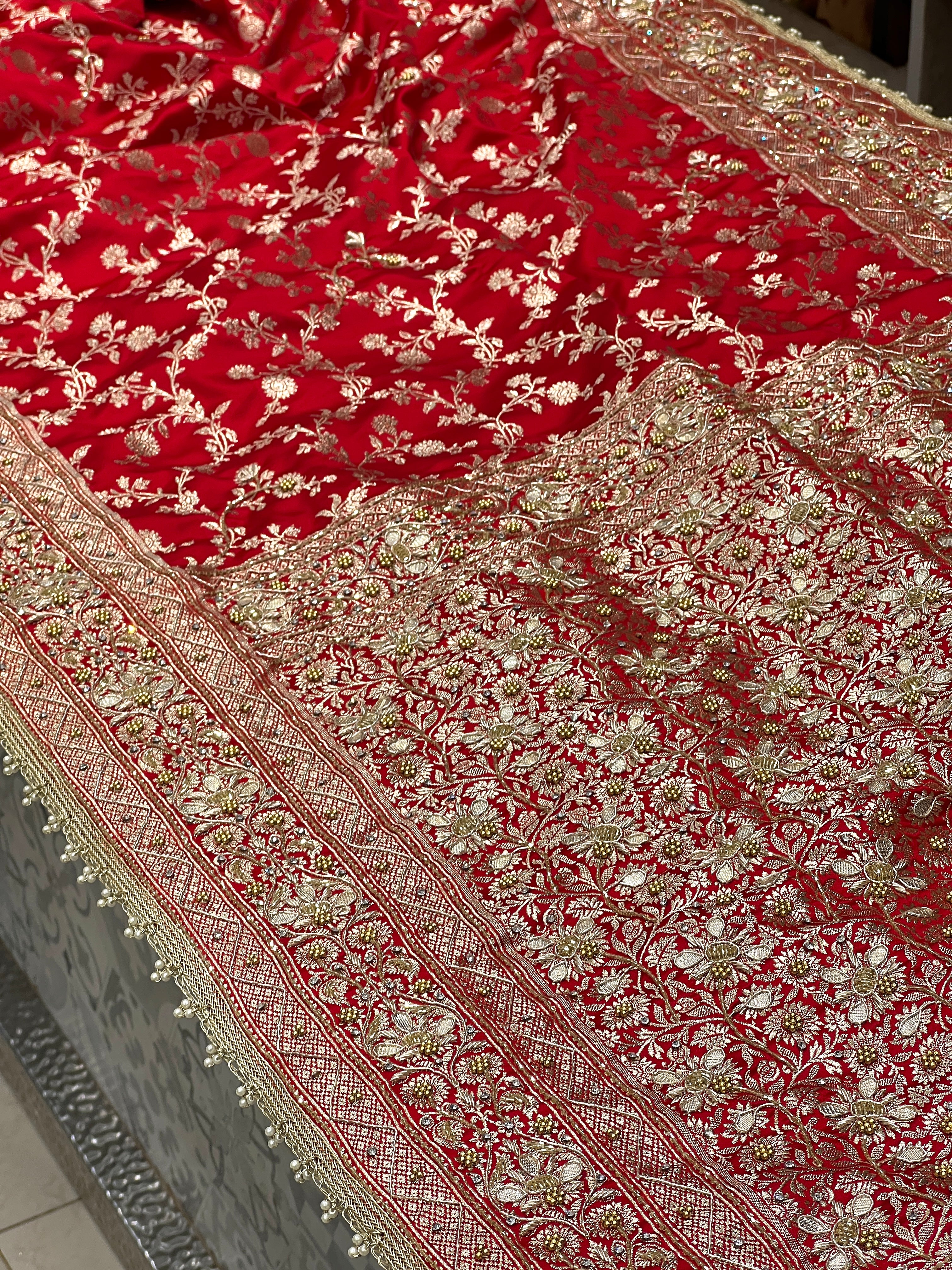 Red Banarasi Silk Moti Gota Hand Embroidery Saree