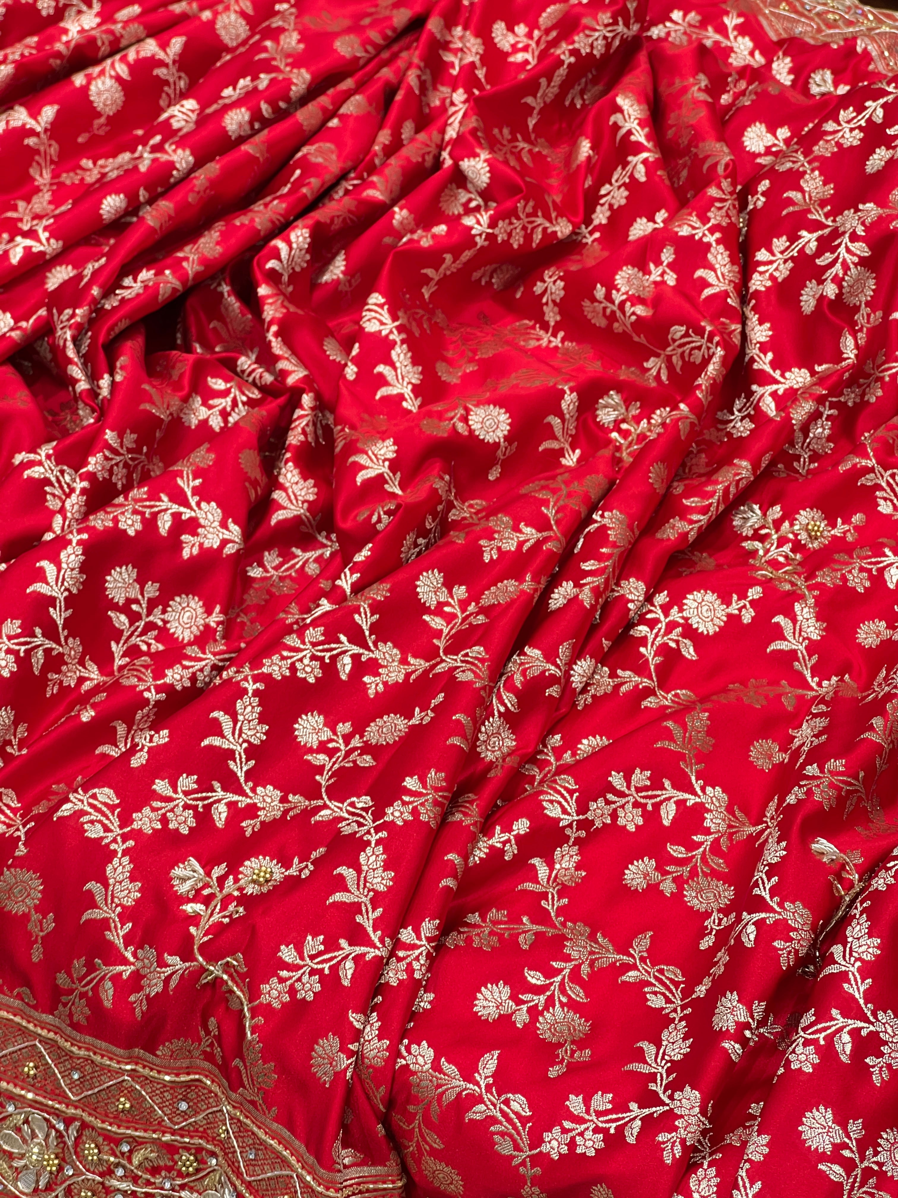 Red Banarasi Silk Moti Gota Hand Embroidery Saree