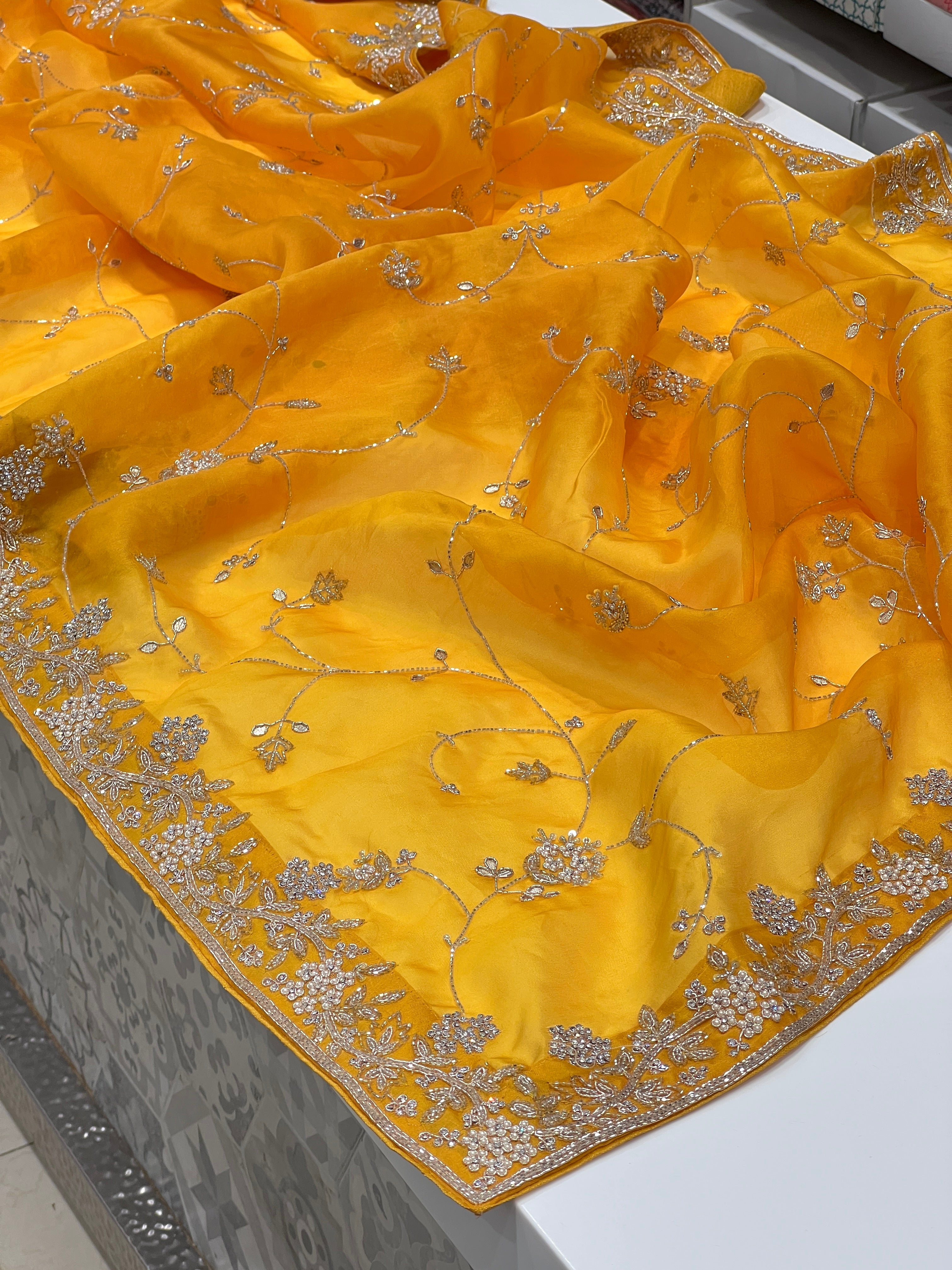 Mango Yellow Pure Organza Jaal Embroidery Saree