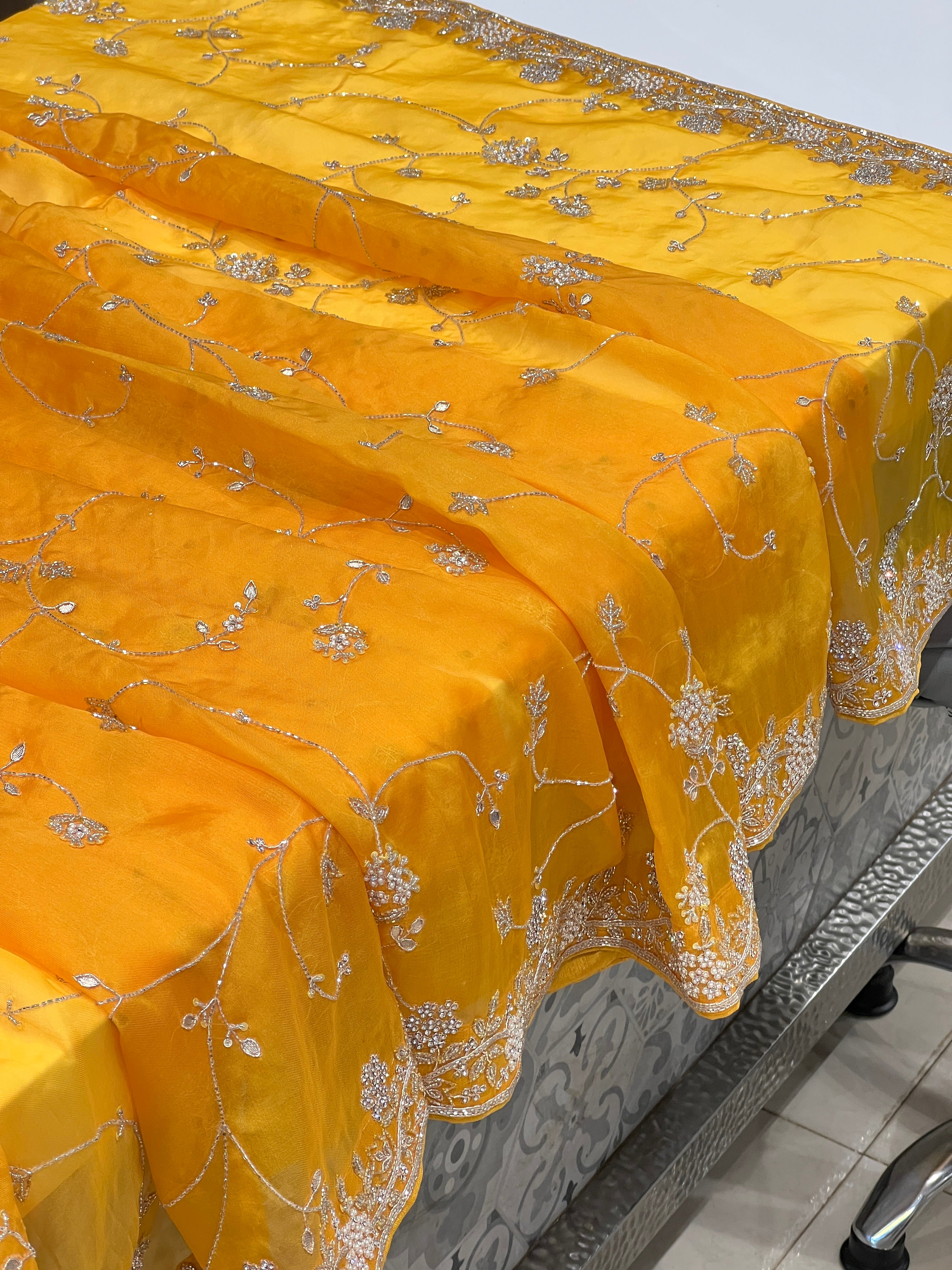 Mango Yellow Pure Organza Jaal Embroidery Saree