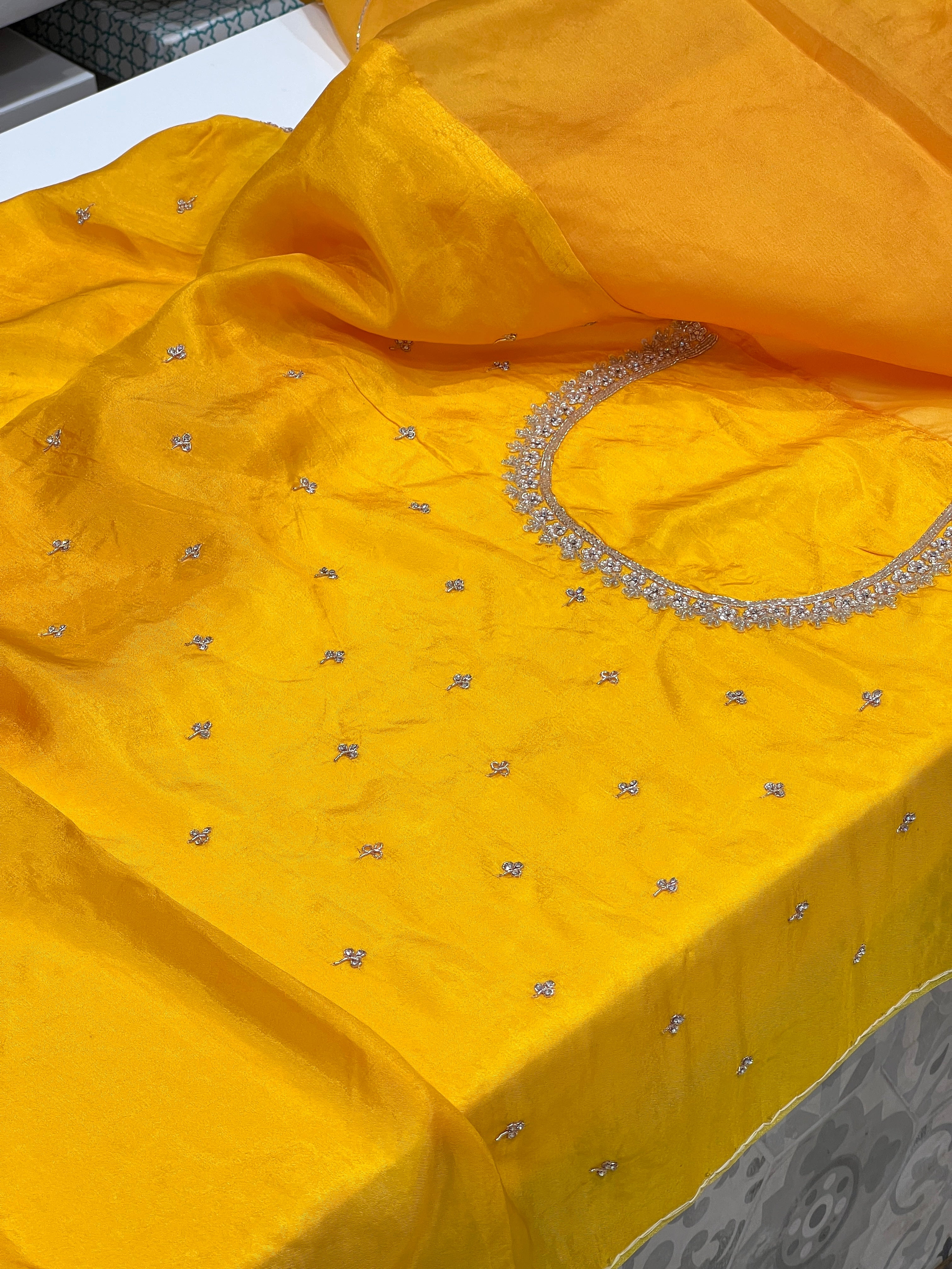 Mango Yellow Pure Organza Jaal Embroidery Saree