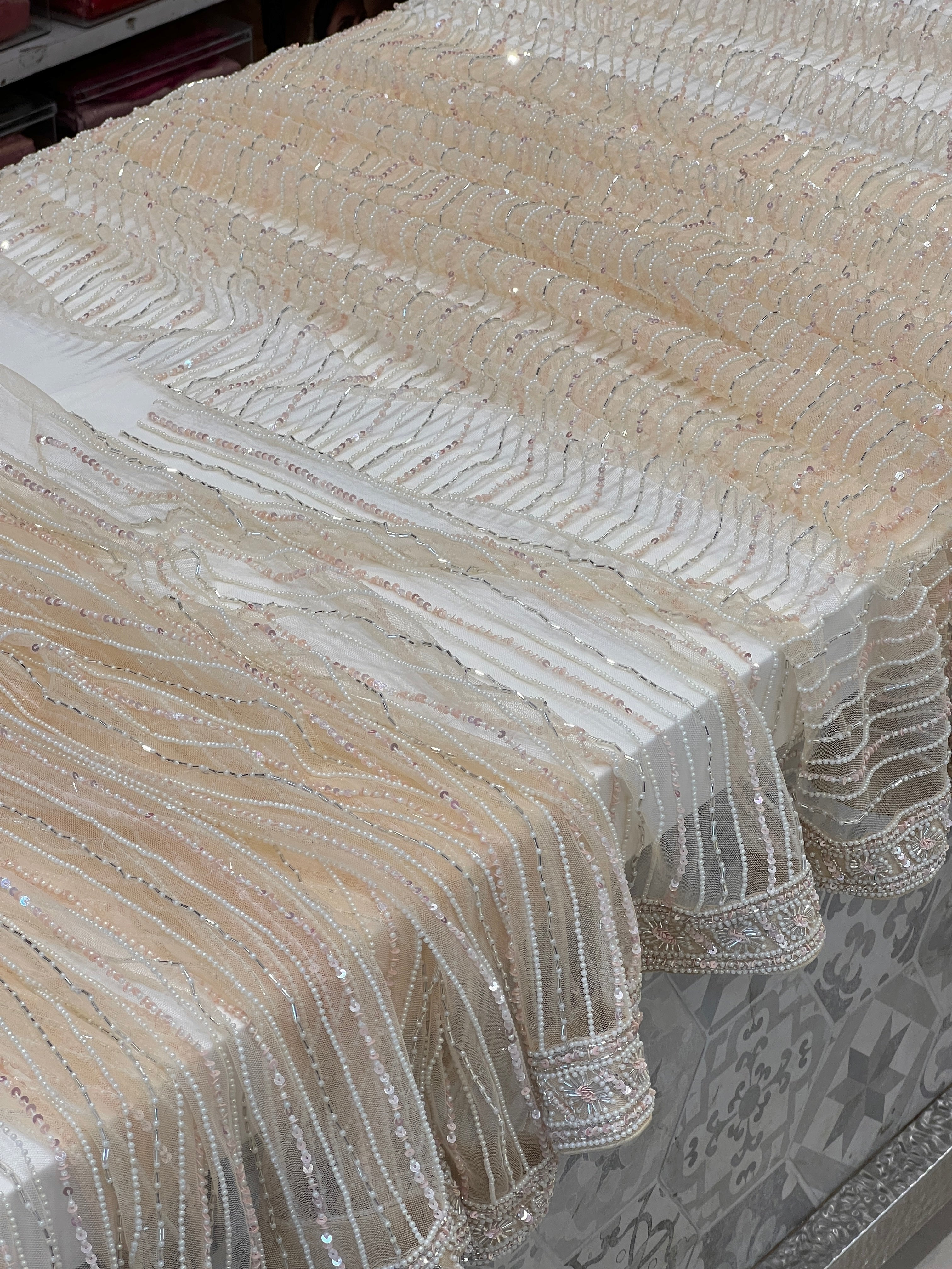 Nude Beige Hand Embroidered Net Saree