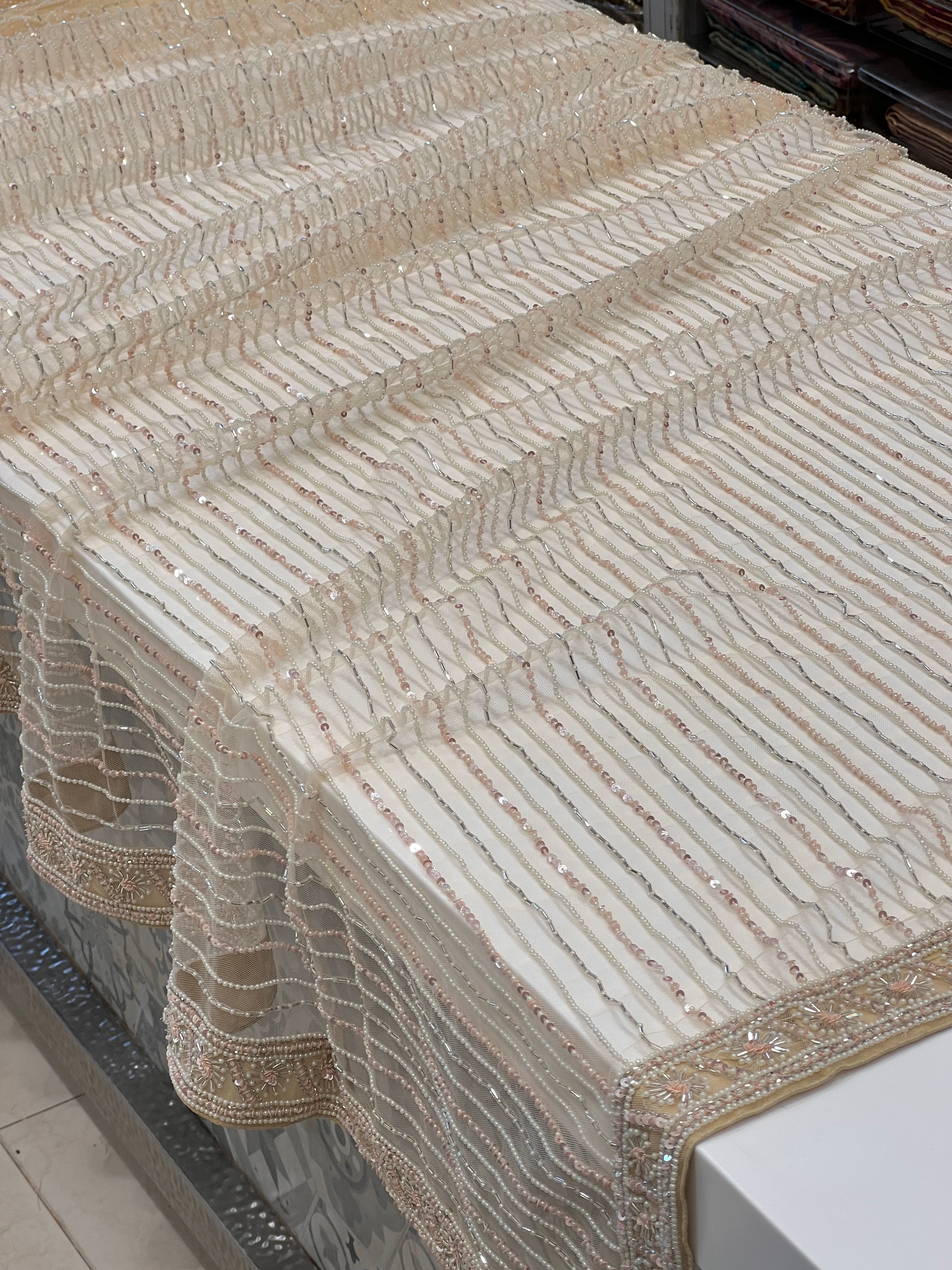 Nude Beige Hand Embroidered Net Saree