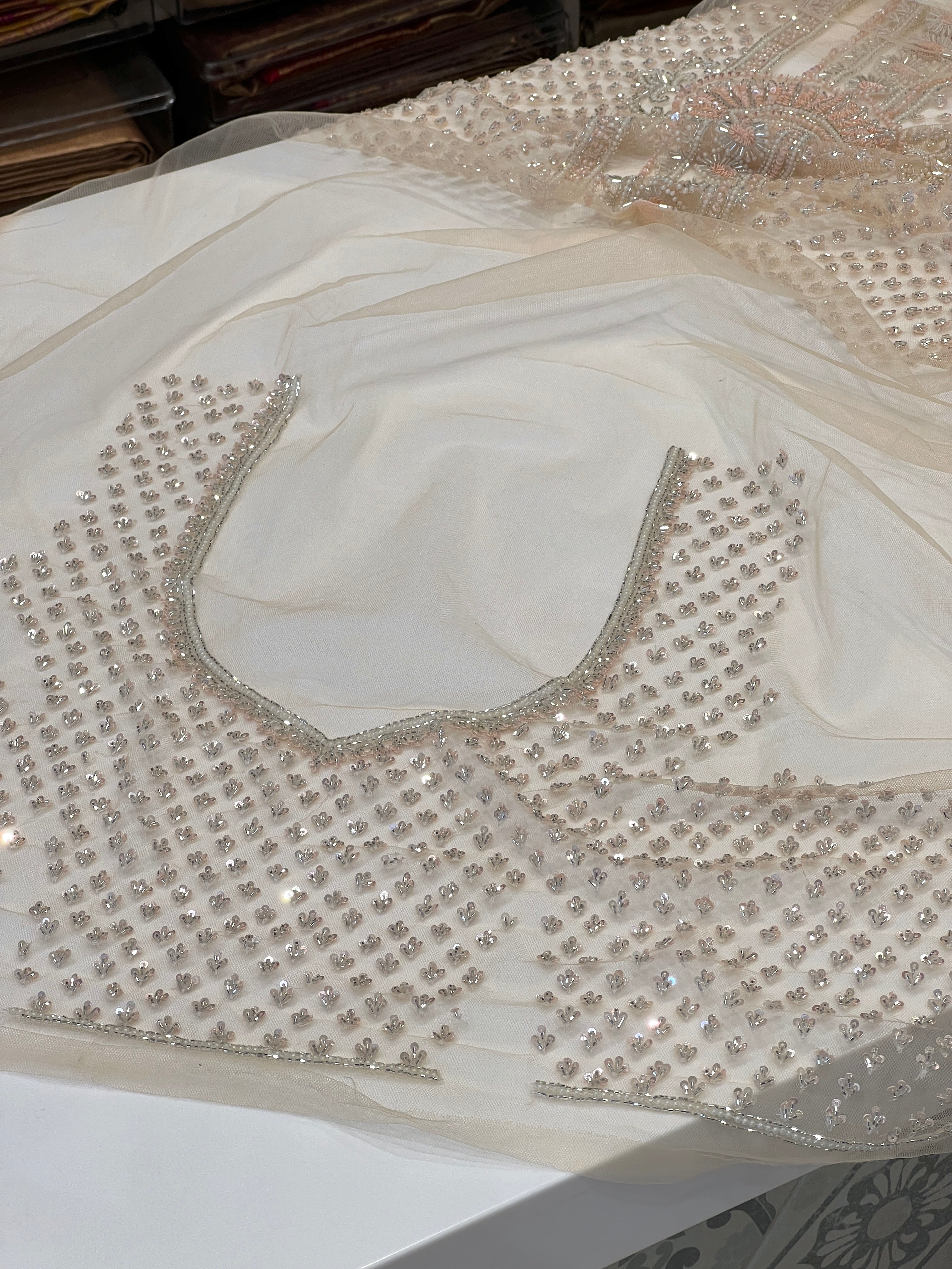 Nude Beige Hand Embroidered Net Saree