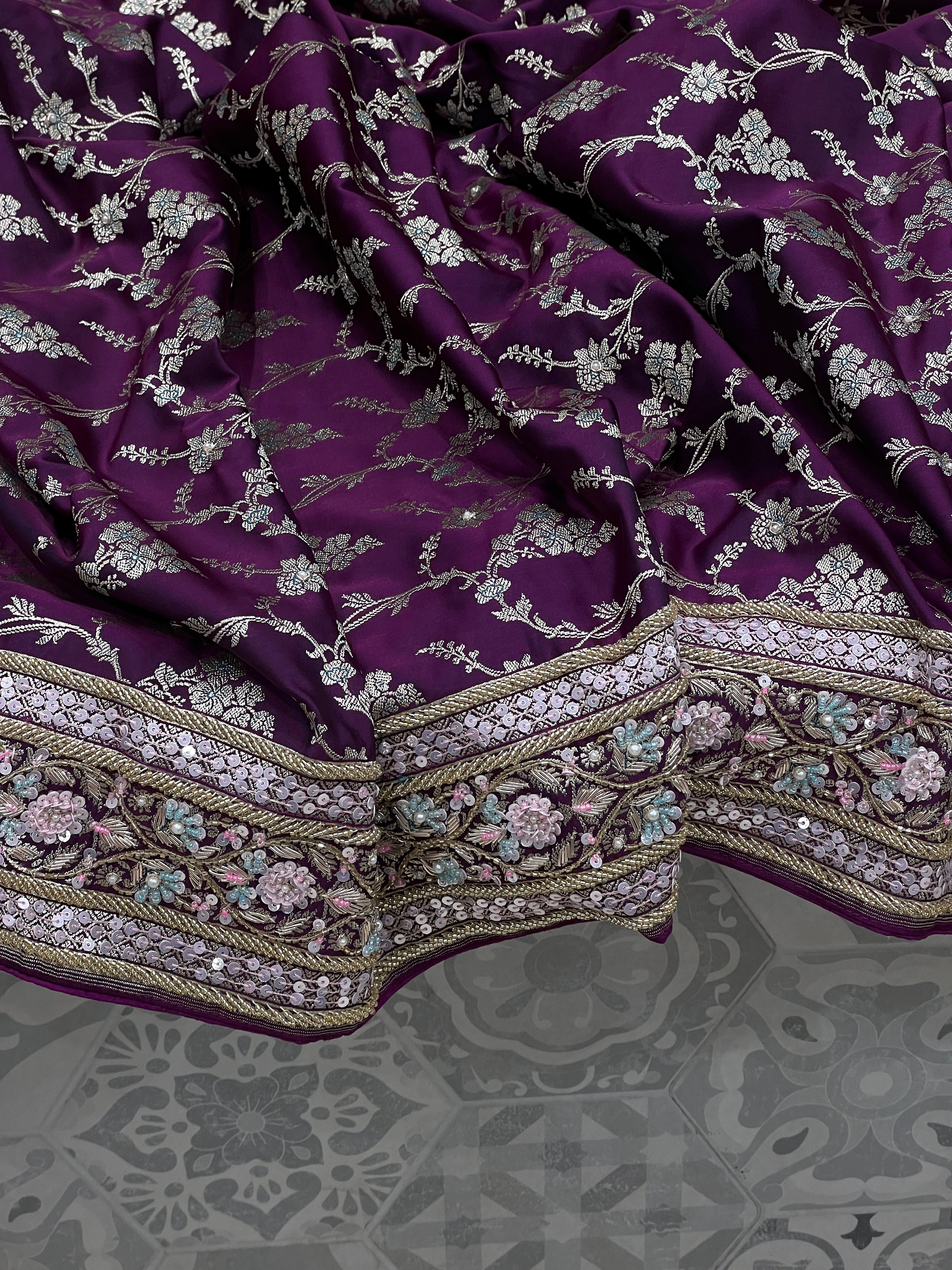 Wine Dhup Chav Jasmine Jaal Fancy Hand Embroidery Saree