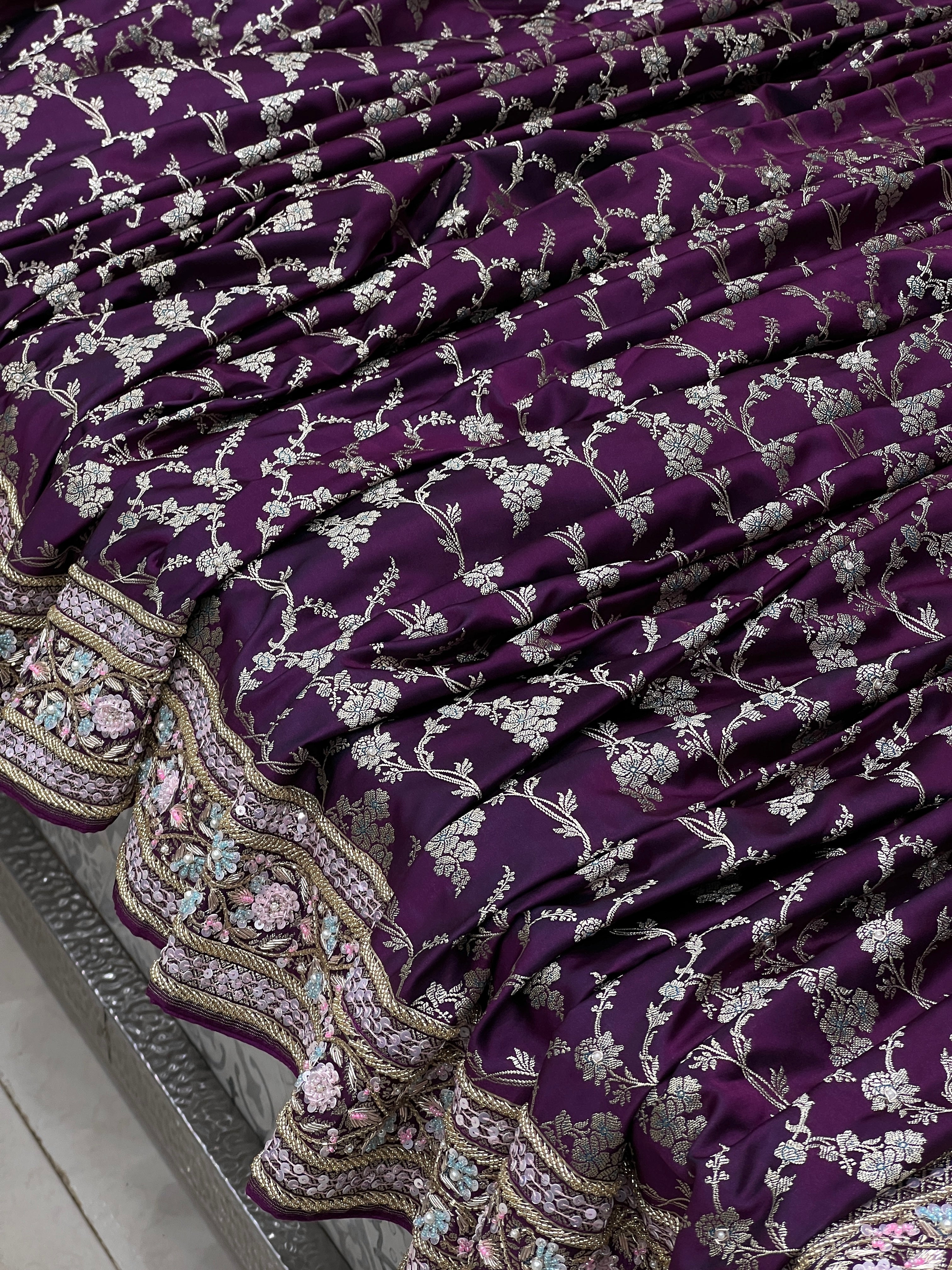 Wine Dhup Chav Jasmine Jaal Fancy Hand Embroidery Saree
