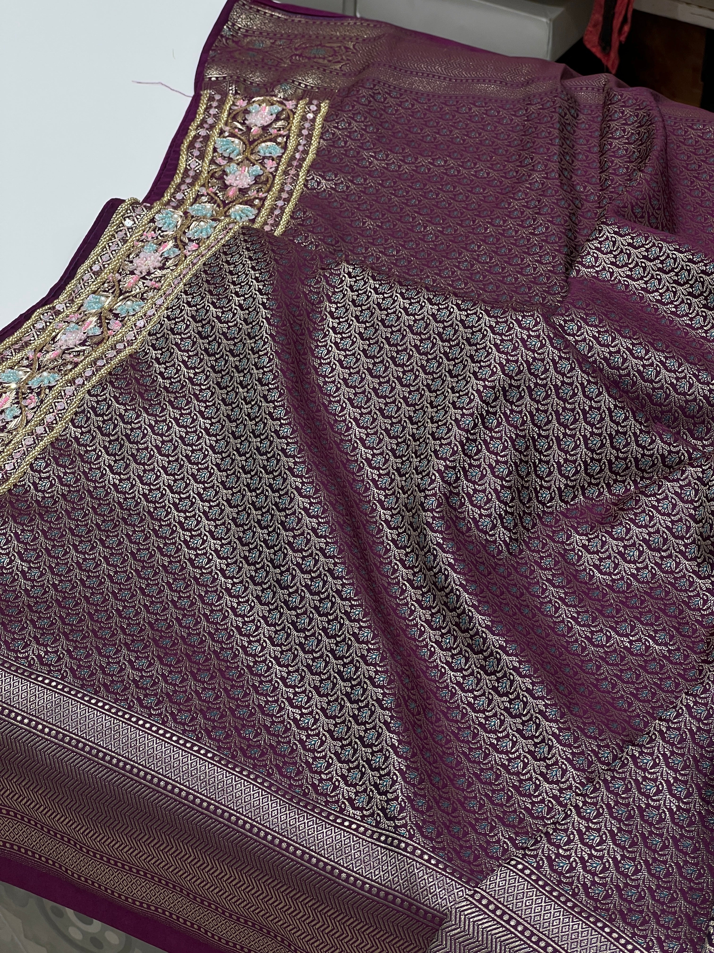 Wine Dhup Chav Jasmine Jaal Fancy Hand Embroidery Saree