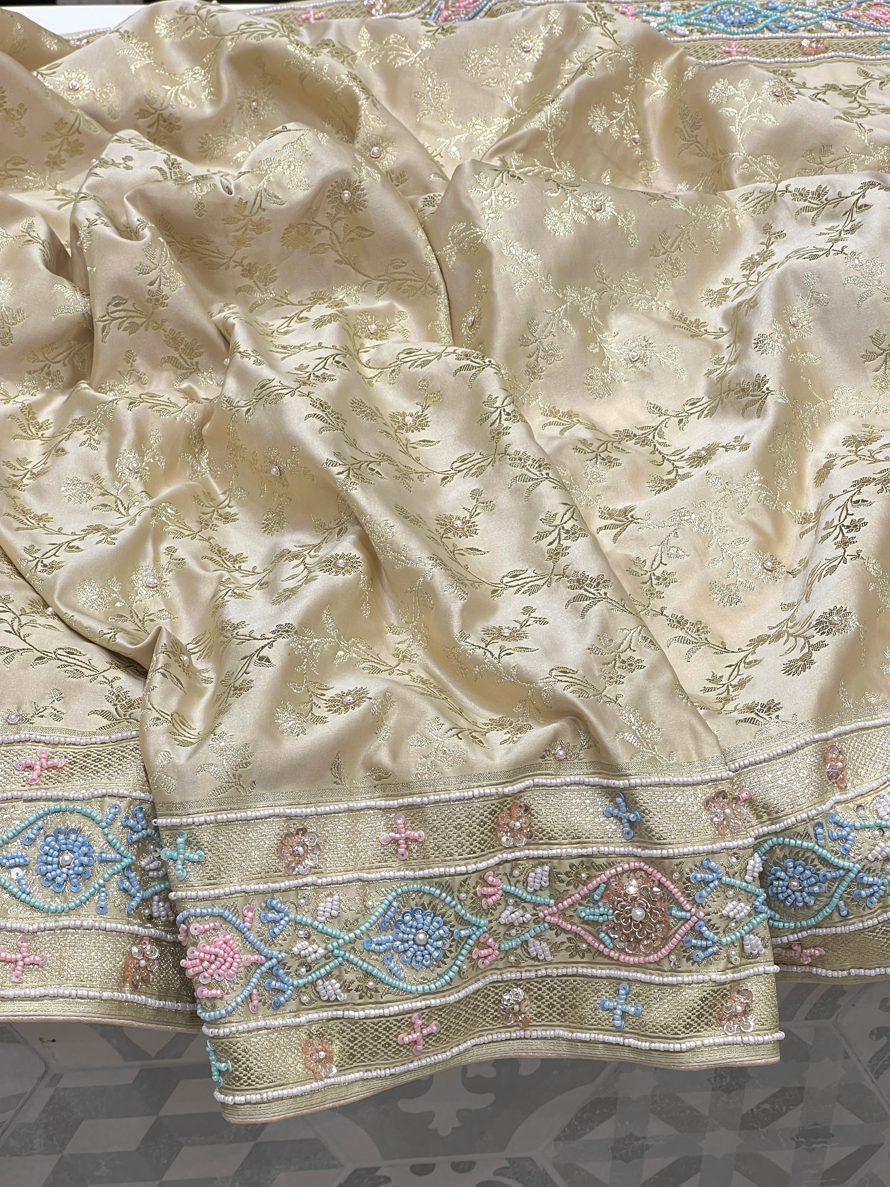Beige Banarasi Flower Border Multi Moti Hand Embroidery Saree