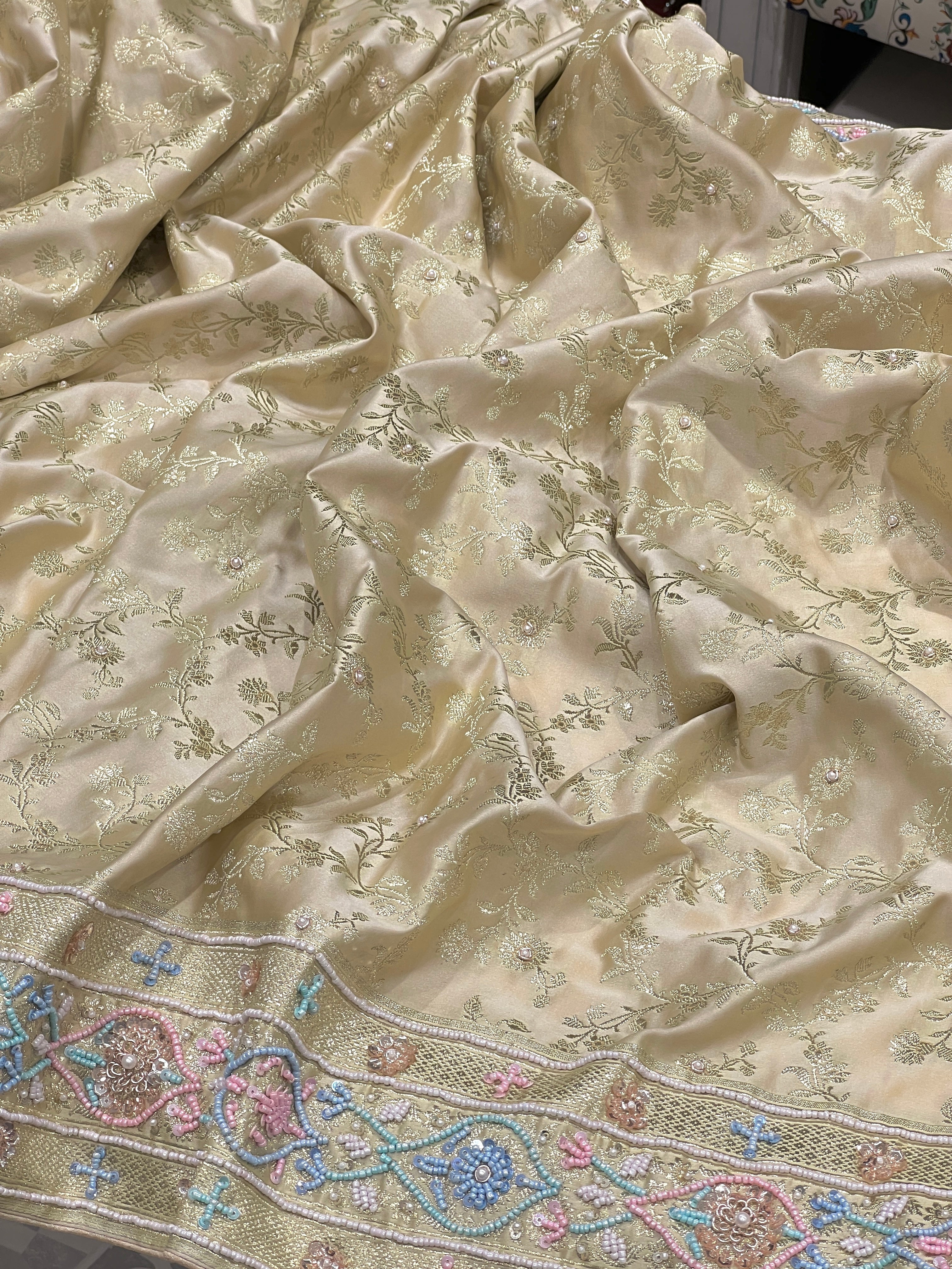 Beige Banarasi Flower Border Multi Moti Hand Embroidery Saree