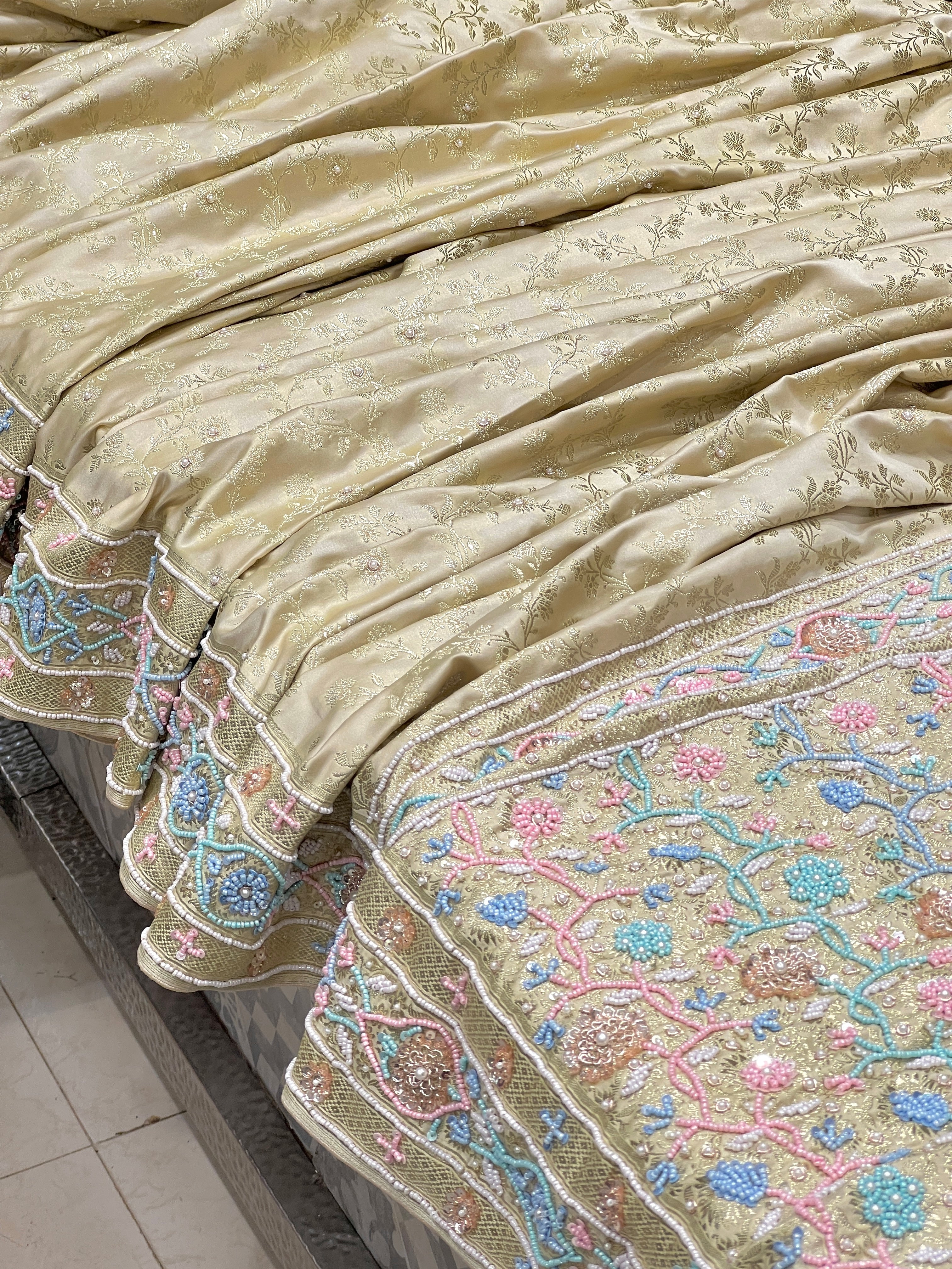 Beige Banarasi Flower Border Multi Moti Hand Embroidery Saree