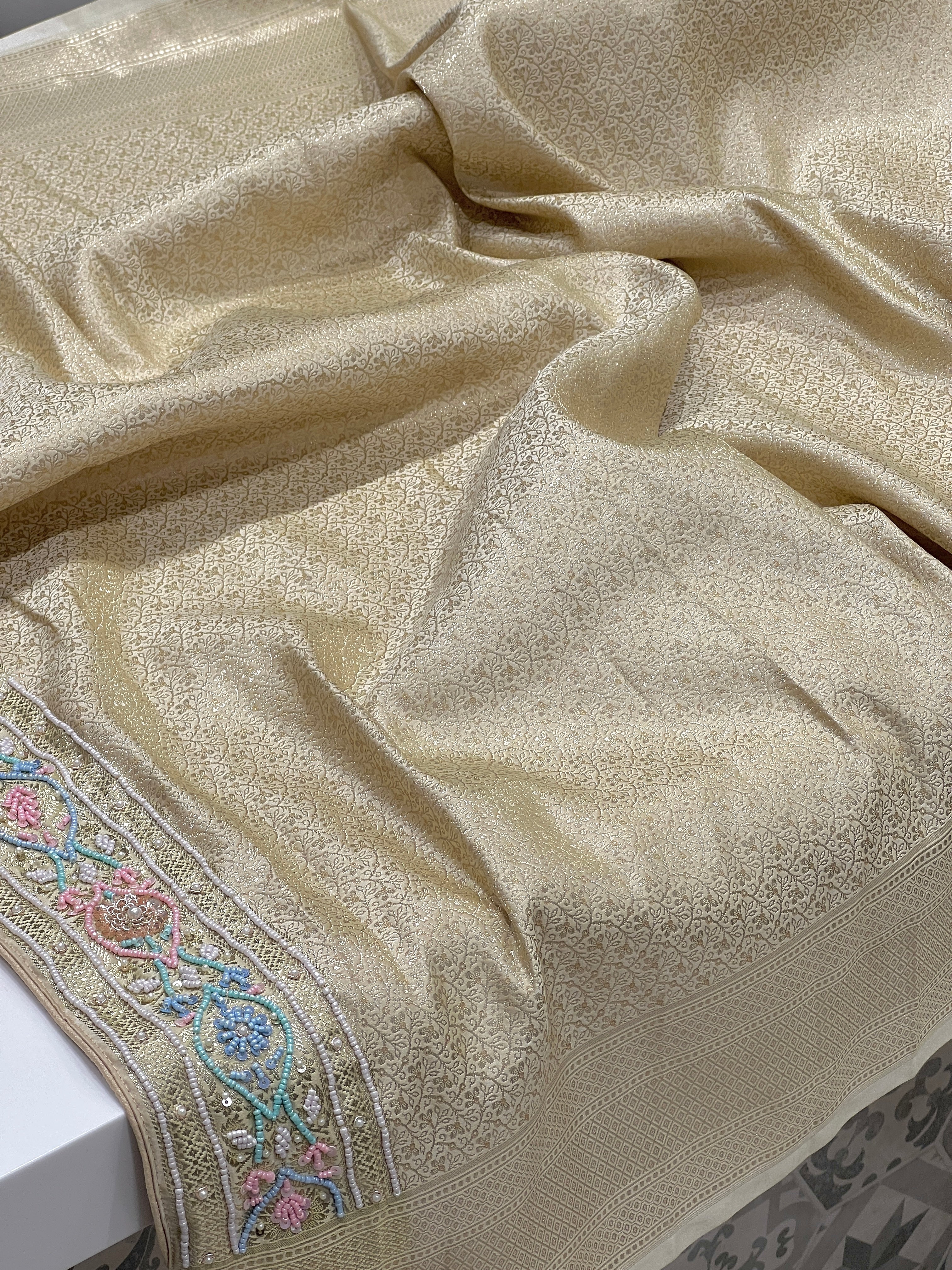Beige Banarasi Flower Border Multi Moti Hand Embroidery Saree