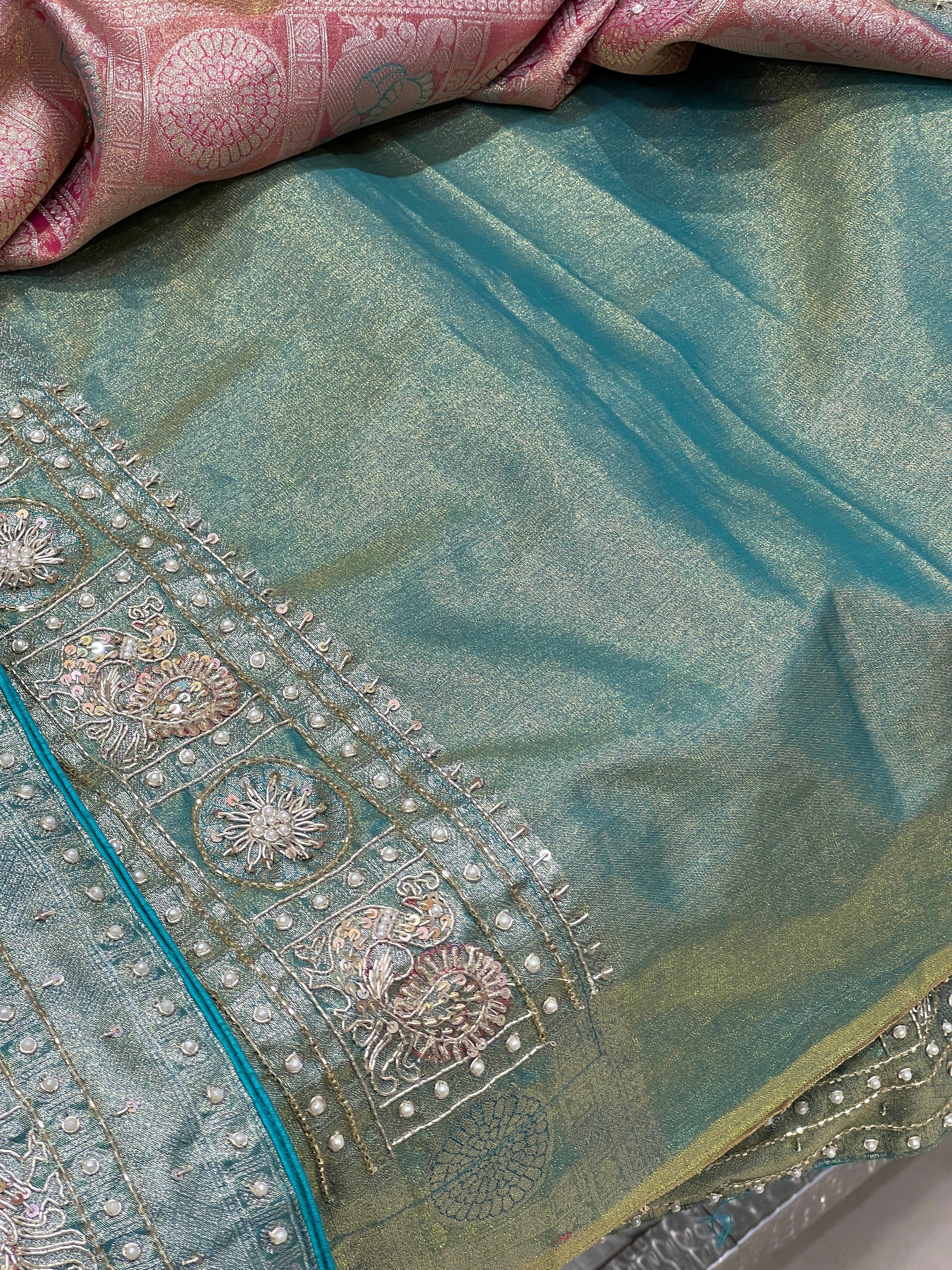 Rust with Sea Green Tissue Kanjivaram Hand Embroidery Saree