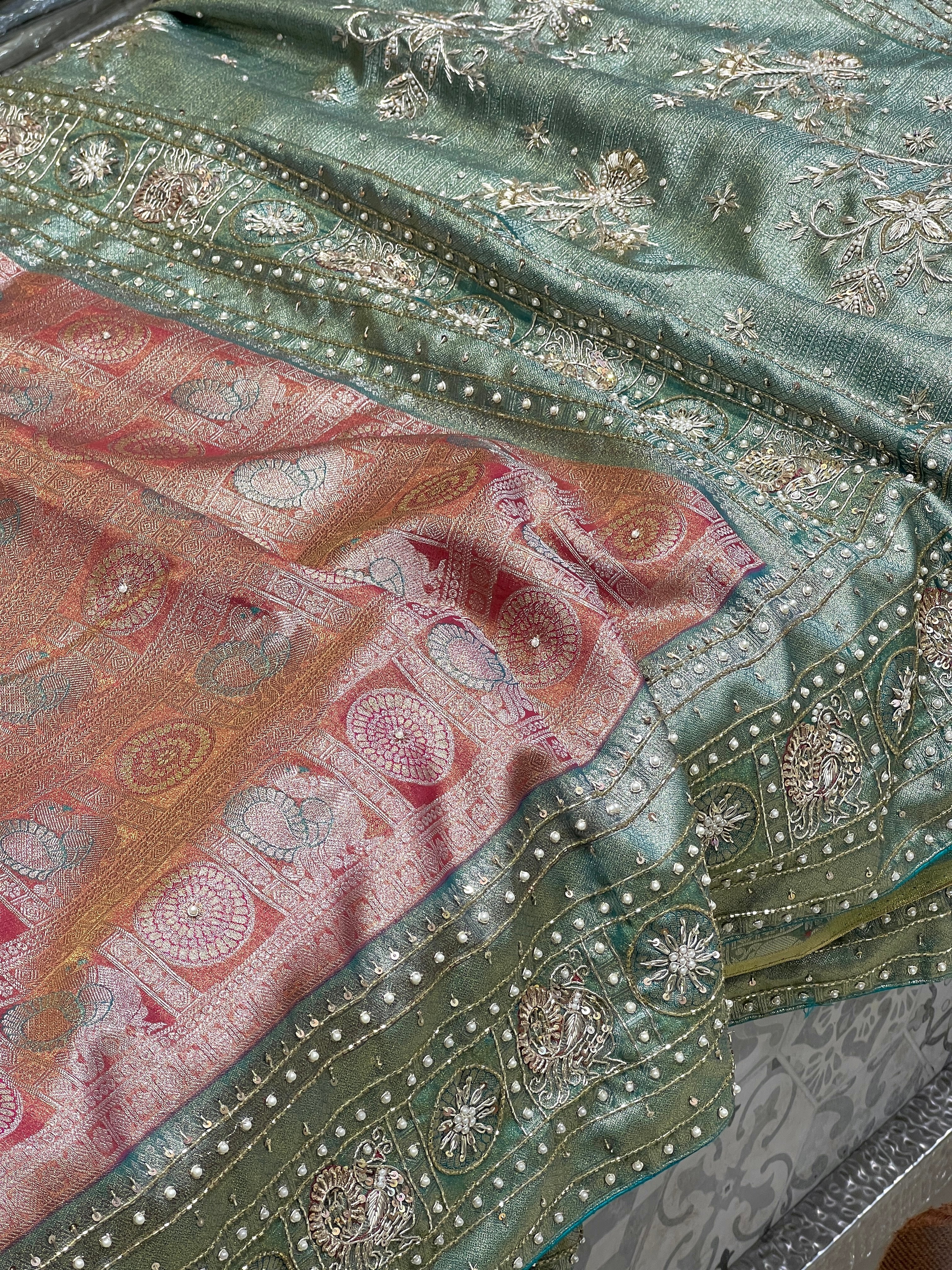 Rust with Sea Green Tissue Kanjivaram Hand Embroidery Saree