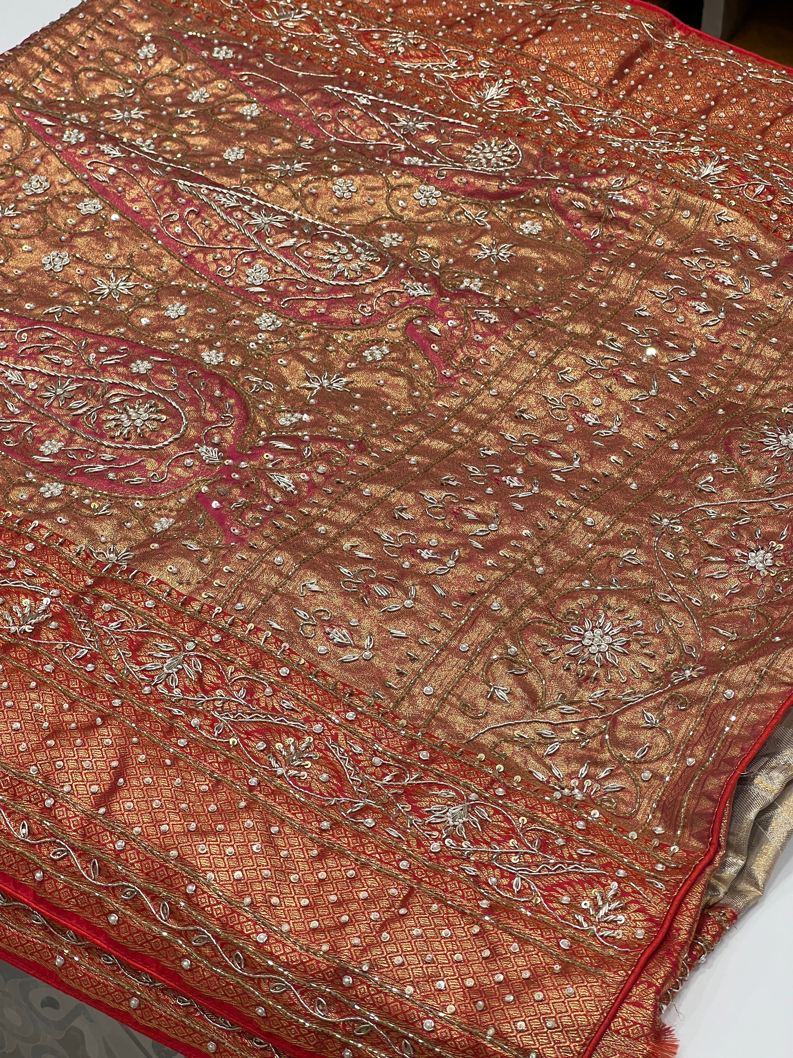 Beige Red Tissue Kanjivaram Hand Embroidery Saree
