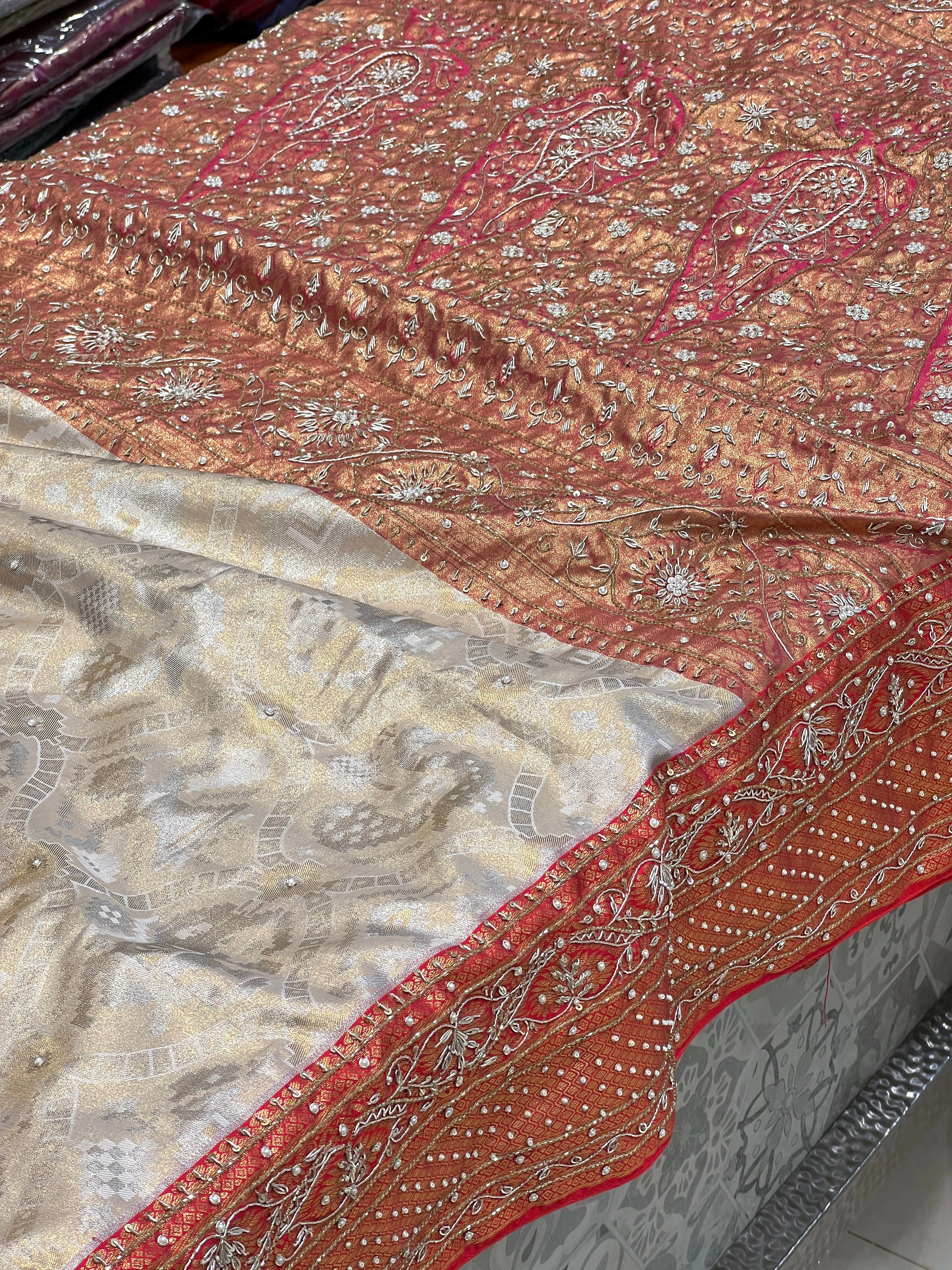 Beige Red Tissue Kanjivaram Hand Embroidery Saree