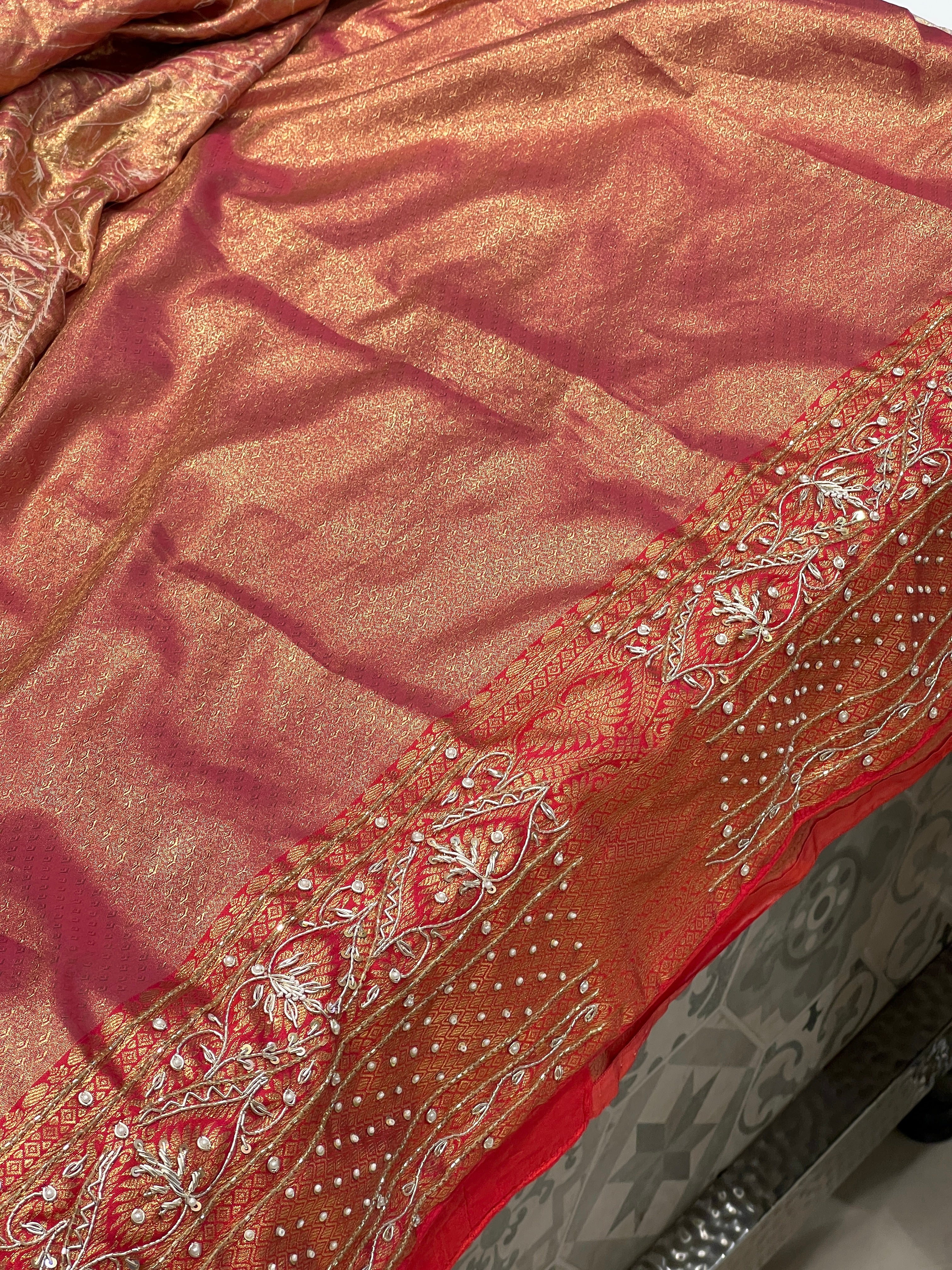 Beige Red Tissue Kanjivaram Hand Embroidery Saree