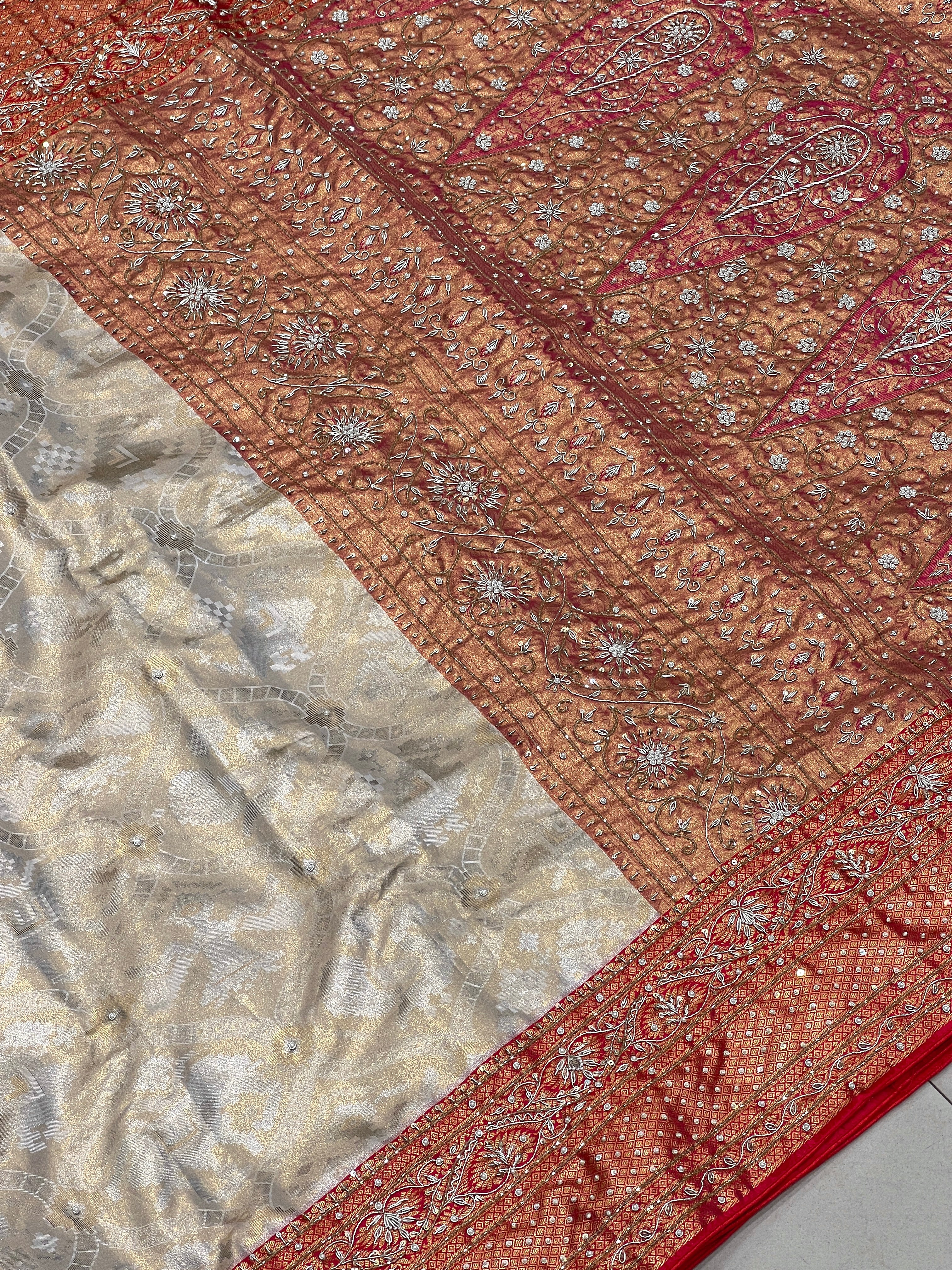 Beige Red Tissue Kanjivaram Hand Embroidery Saree