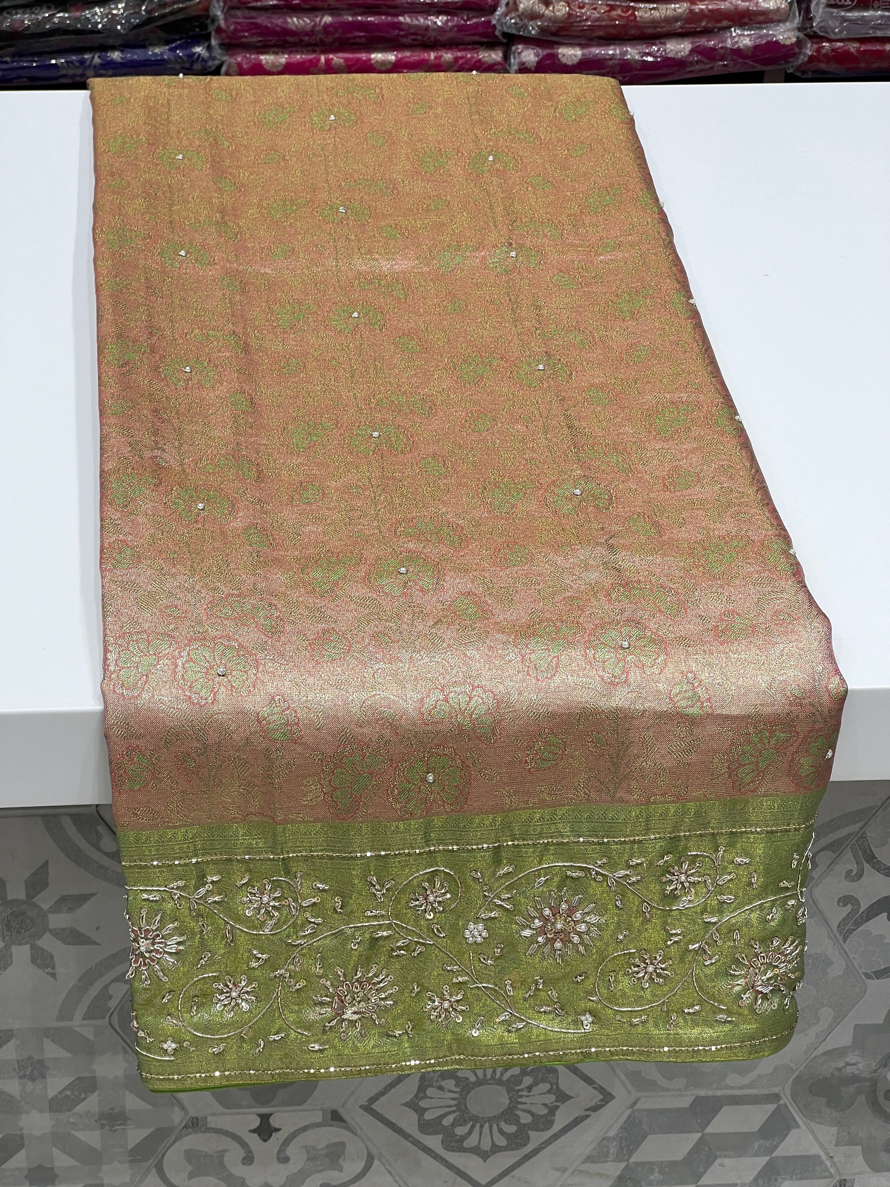 Peach Green Tissue Kanjivaram Zardozi Hand Embroidery Saree