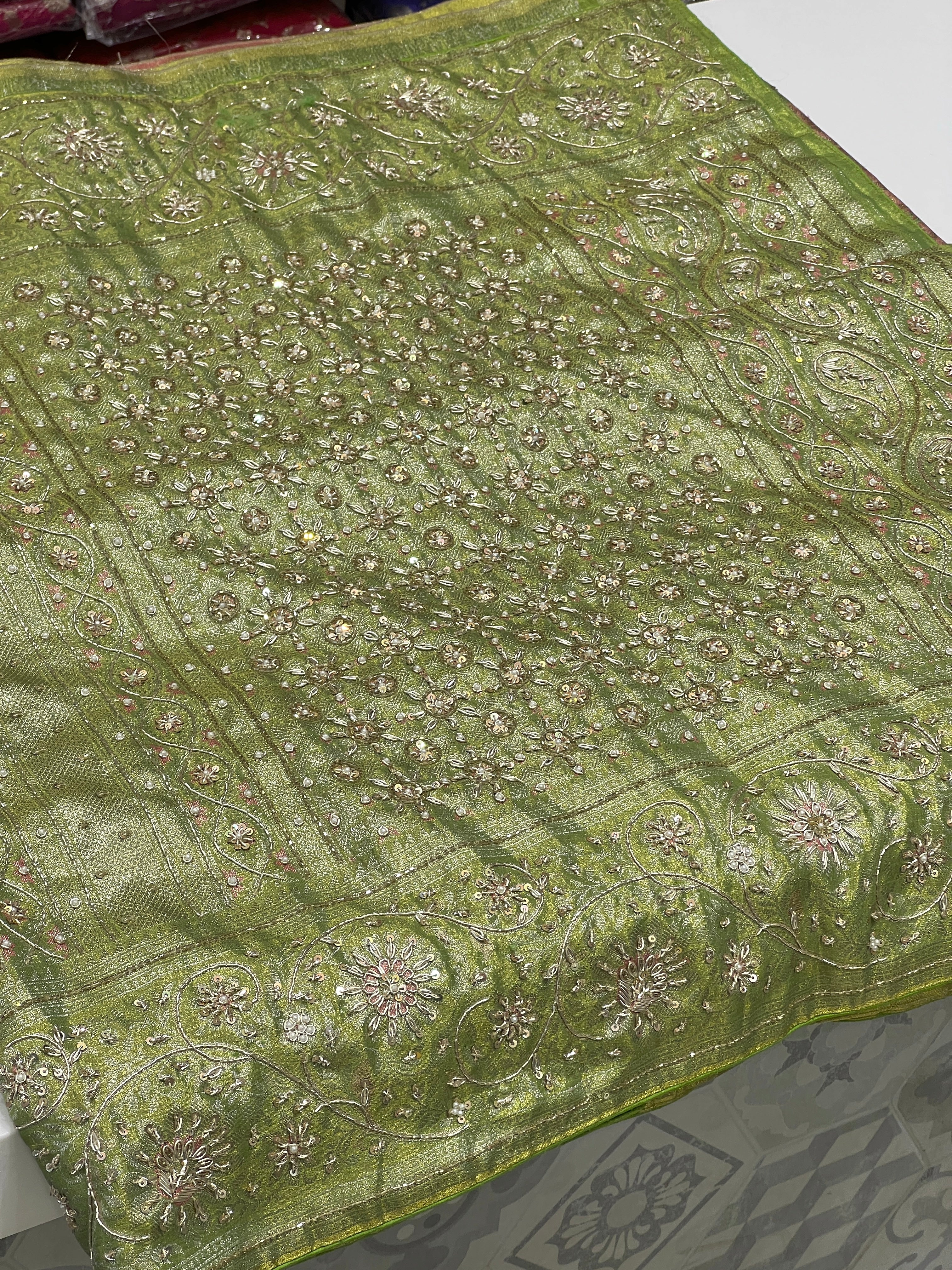 Peach Green Tissue Kanjivaram Zardozi Hand Embroidery Saree