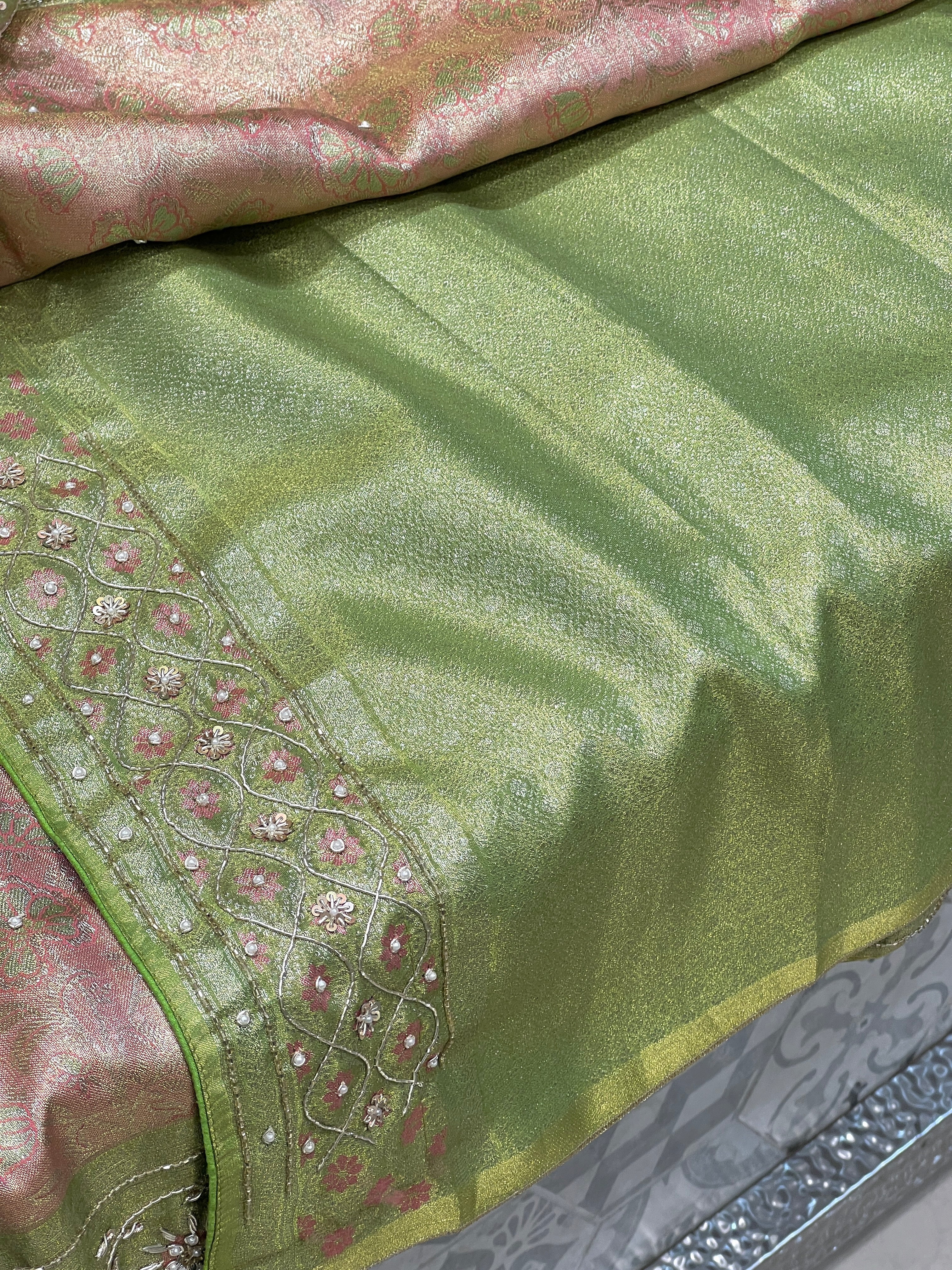 Peach Green Tissue Kanjivaram Zardozi Hand Embroidery Saree