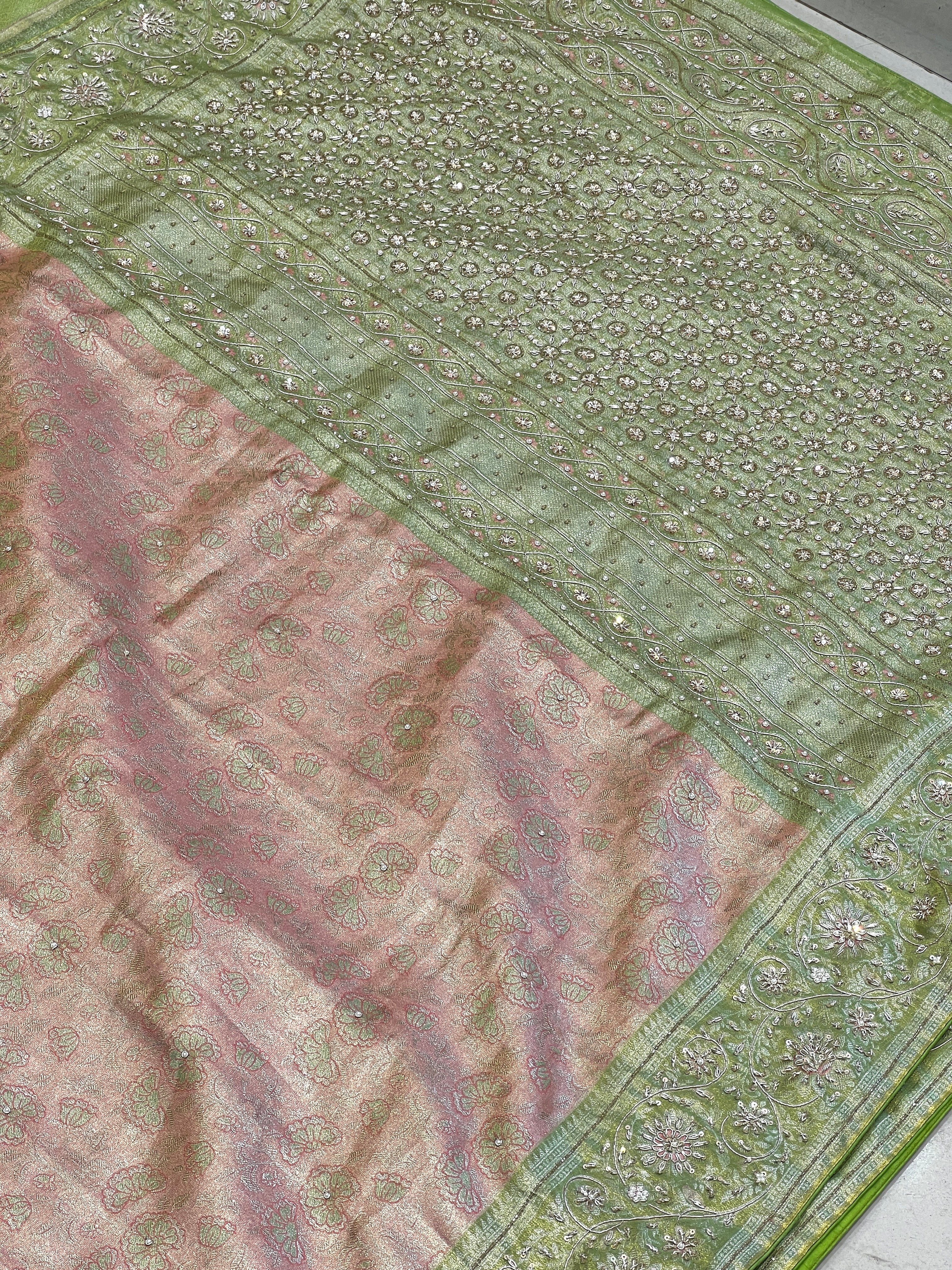 Peach Green Tissue Kanjivaram Zardozi Hand Embroidery Saree