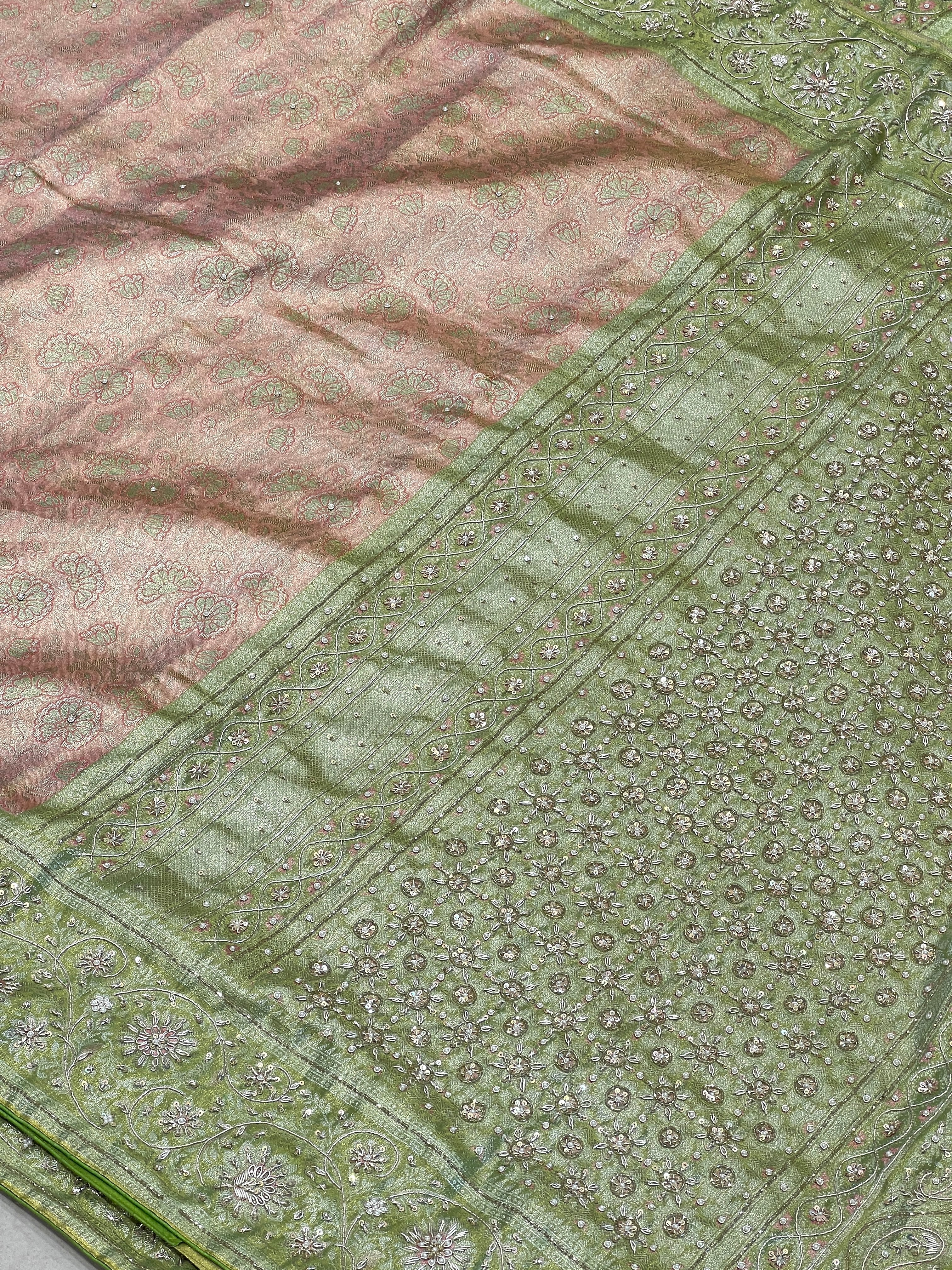 Peach Green Tissue Kanjivaram Zardozi Hand Embroidery Saree