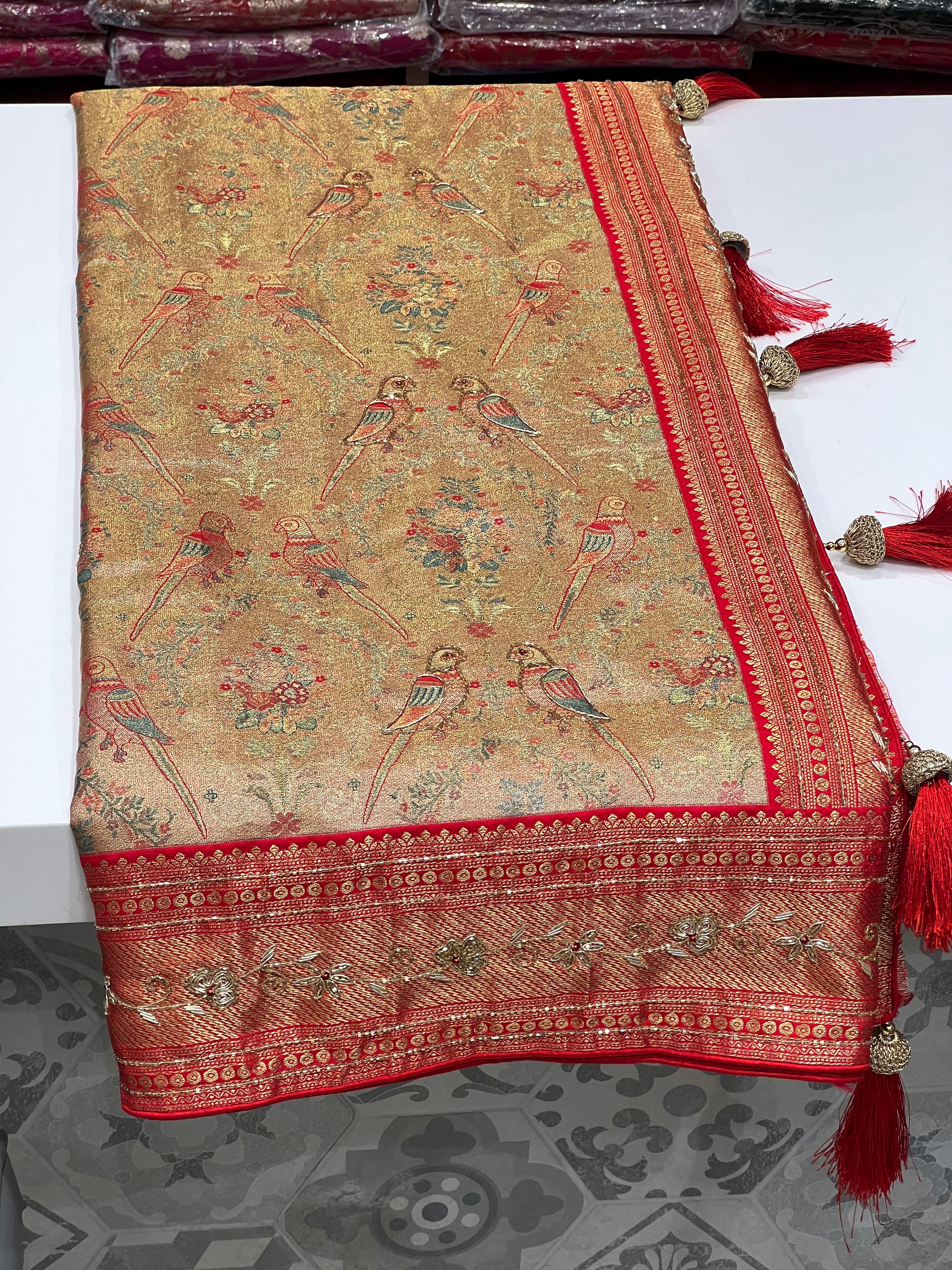 Red Parrot Tissue Kanjivaram Hand Embroidery Saree