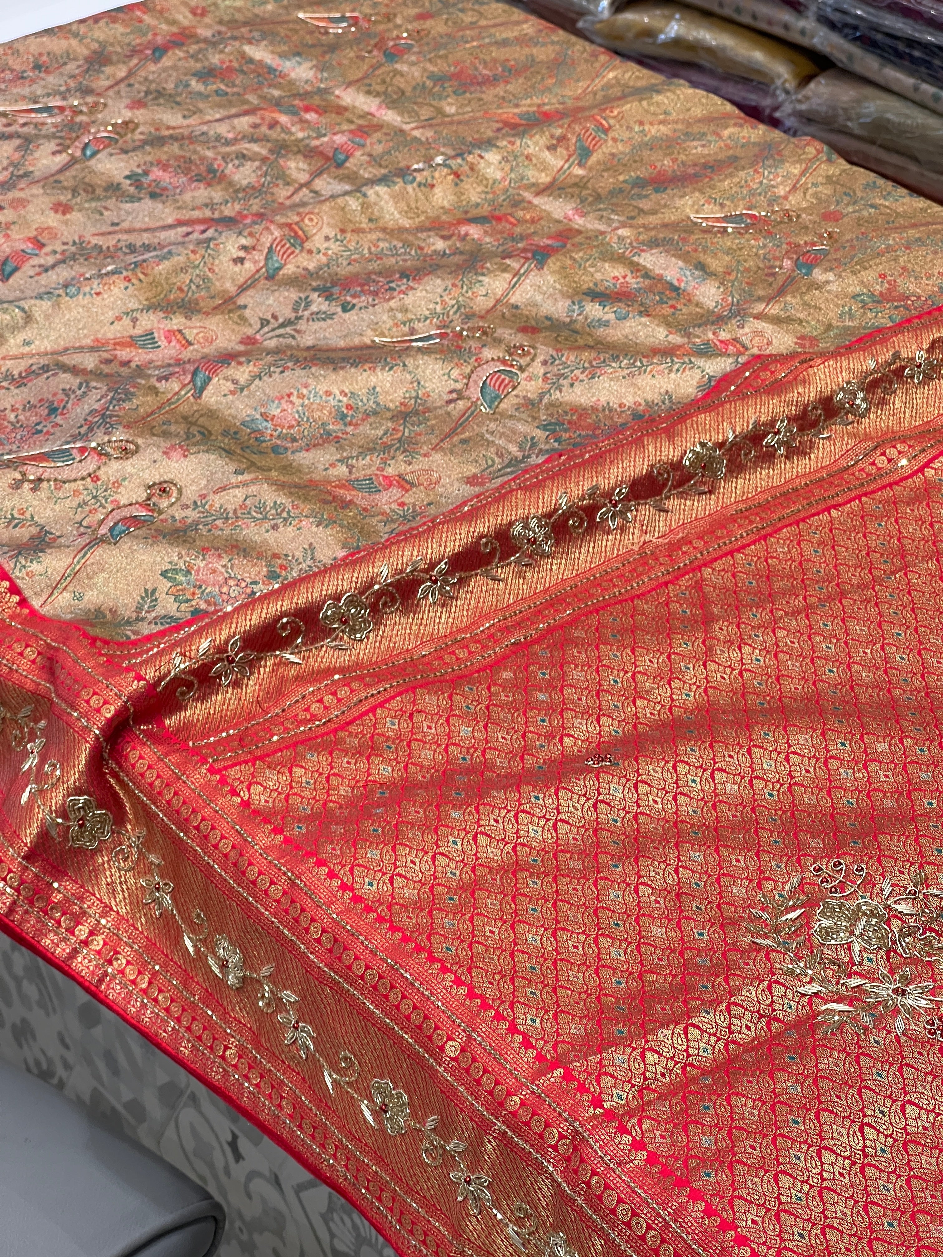 Red Parrot Tissue Kanjivaram Hand Embroidery Saree