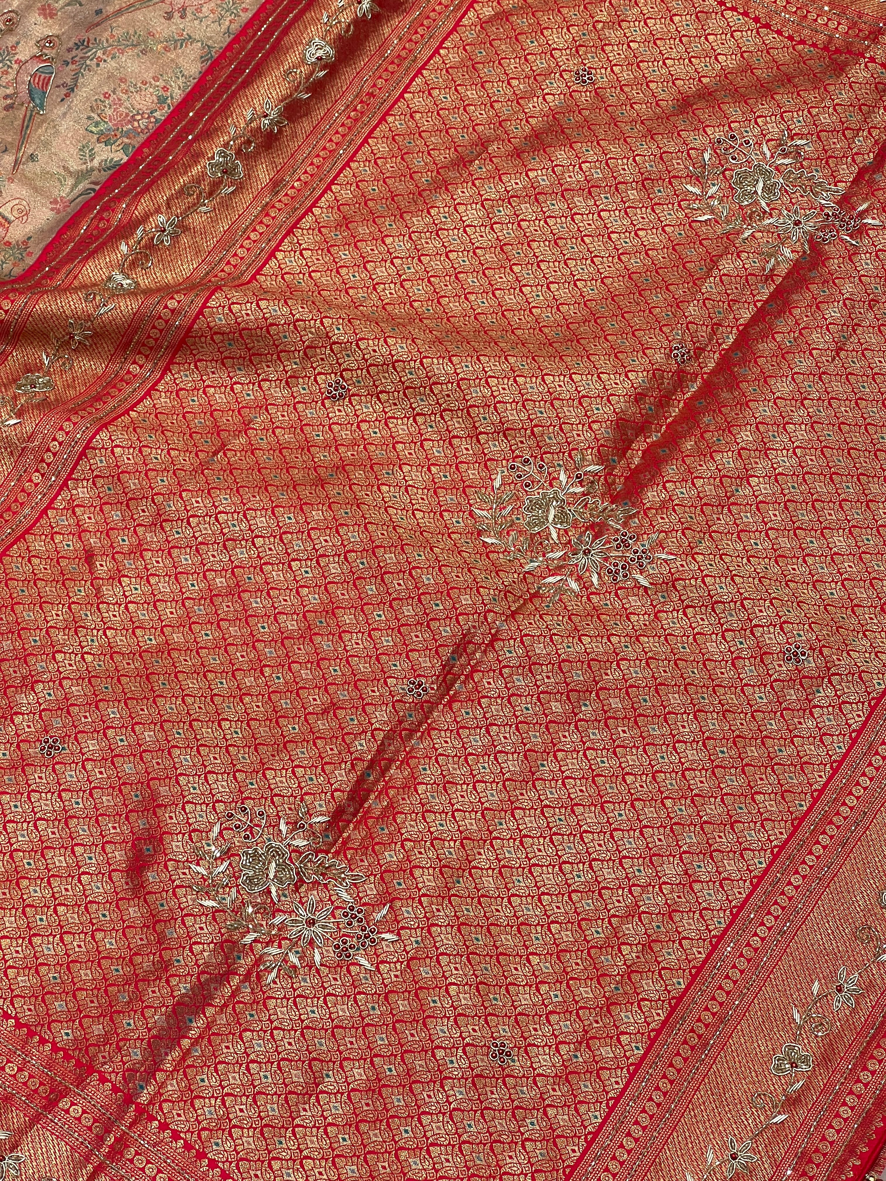 Red Parrot Tissue Kanjivaram Hand Embroidery Saree