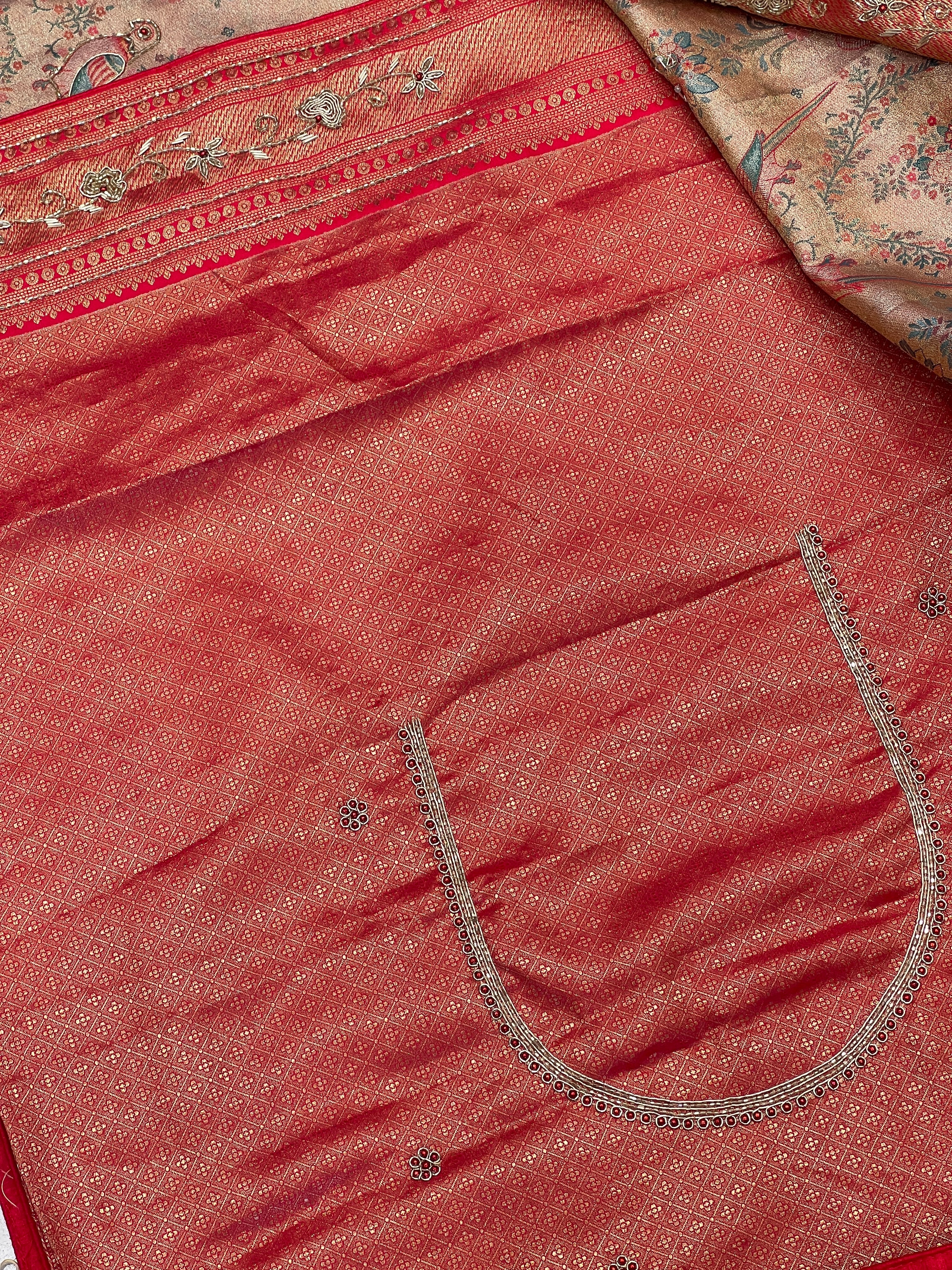 Red Parrot Tissue Kanjivaram Hand Embroidery Saree