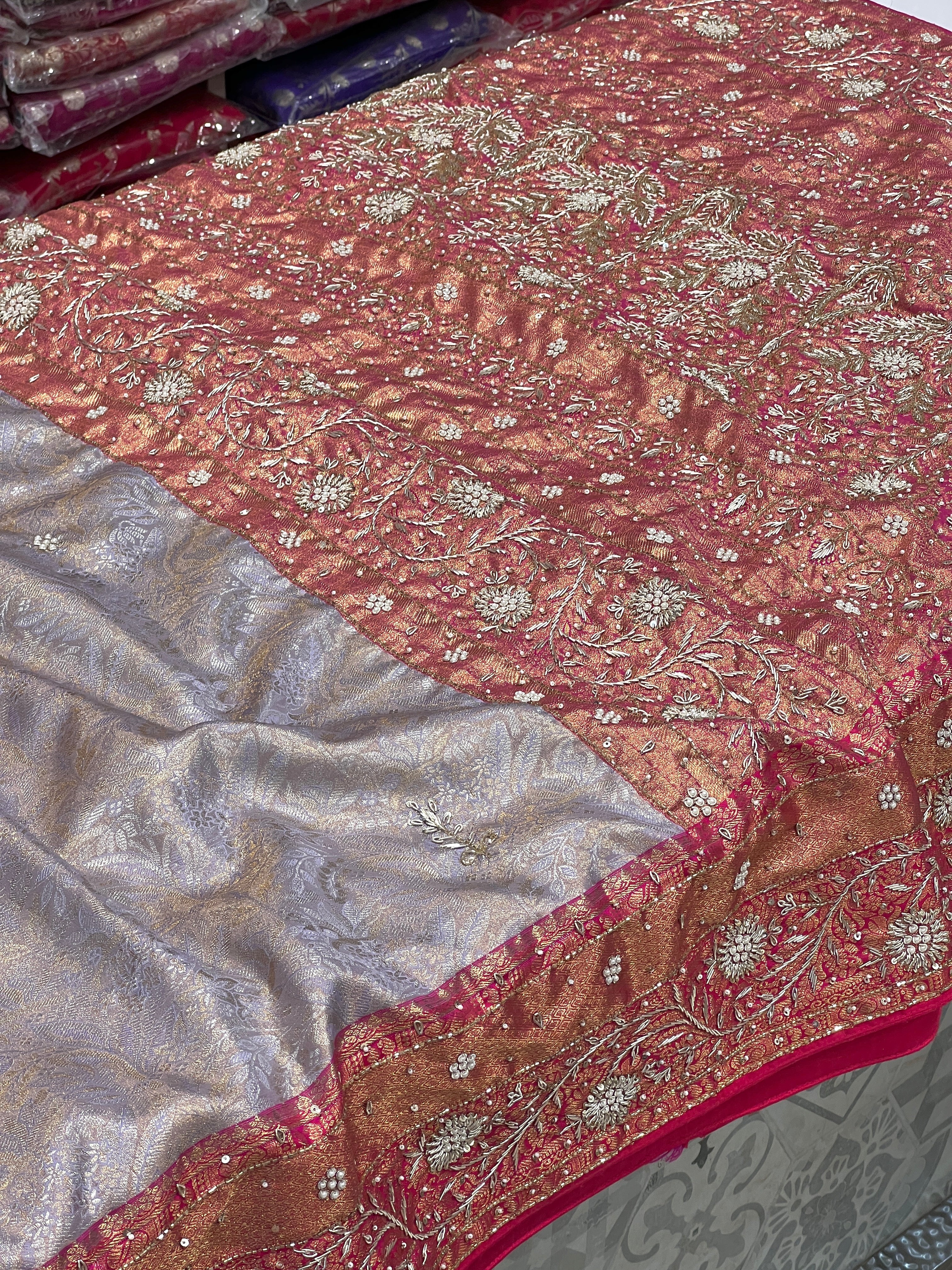 Lilac Pink Tissue Kanjivaram Hand Embroidery Saree