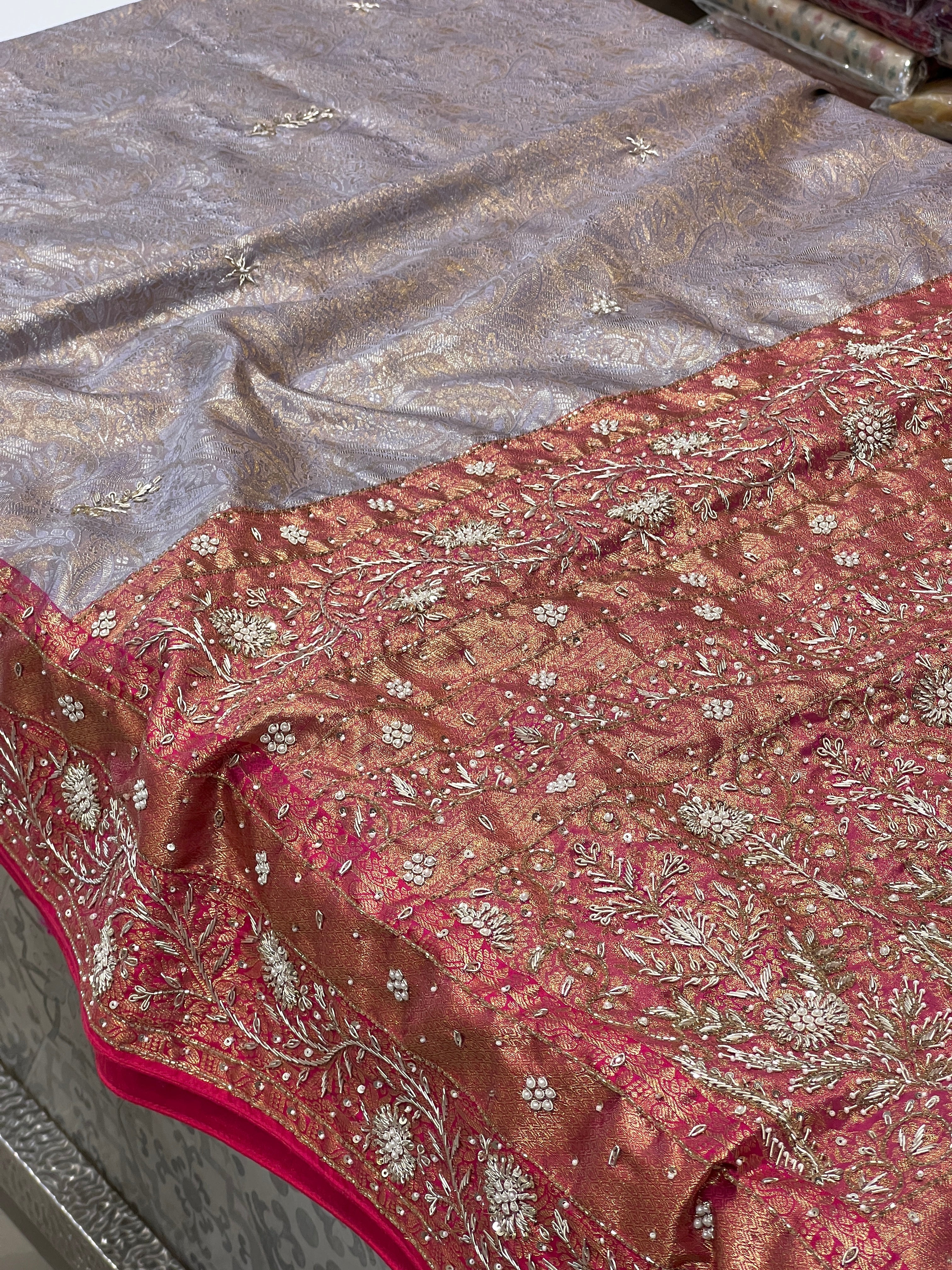 Lilac Pink Tissue Kanjivaram Hand Embroidery Saree