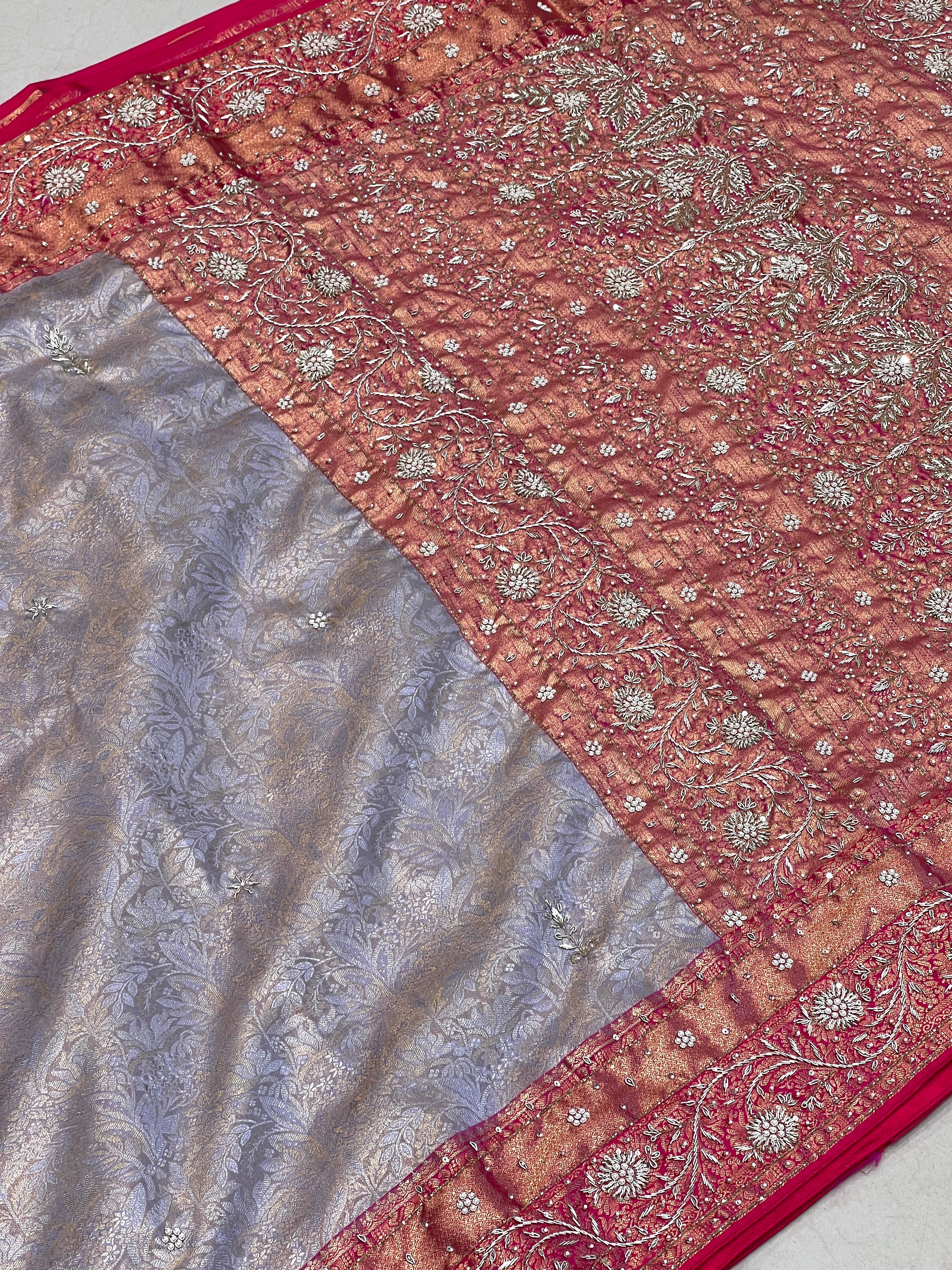 Lilac Pink Tissue Kanjivaram Hand Embroidery Saree