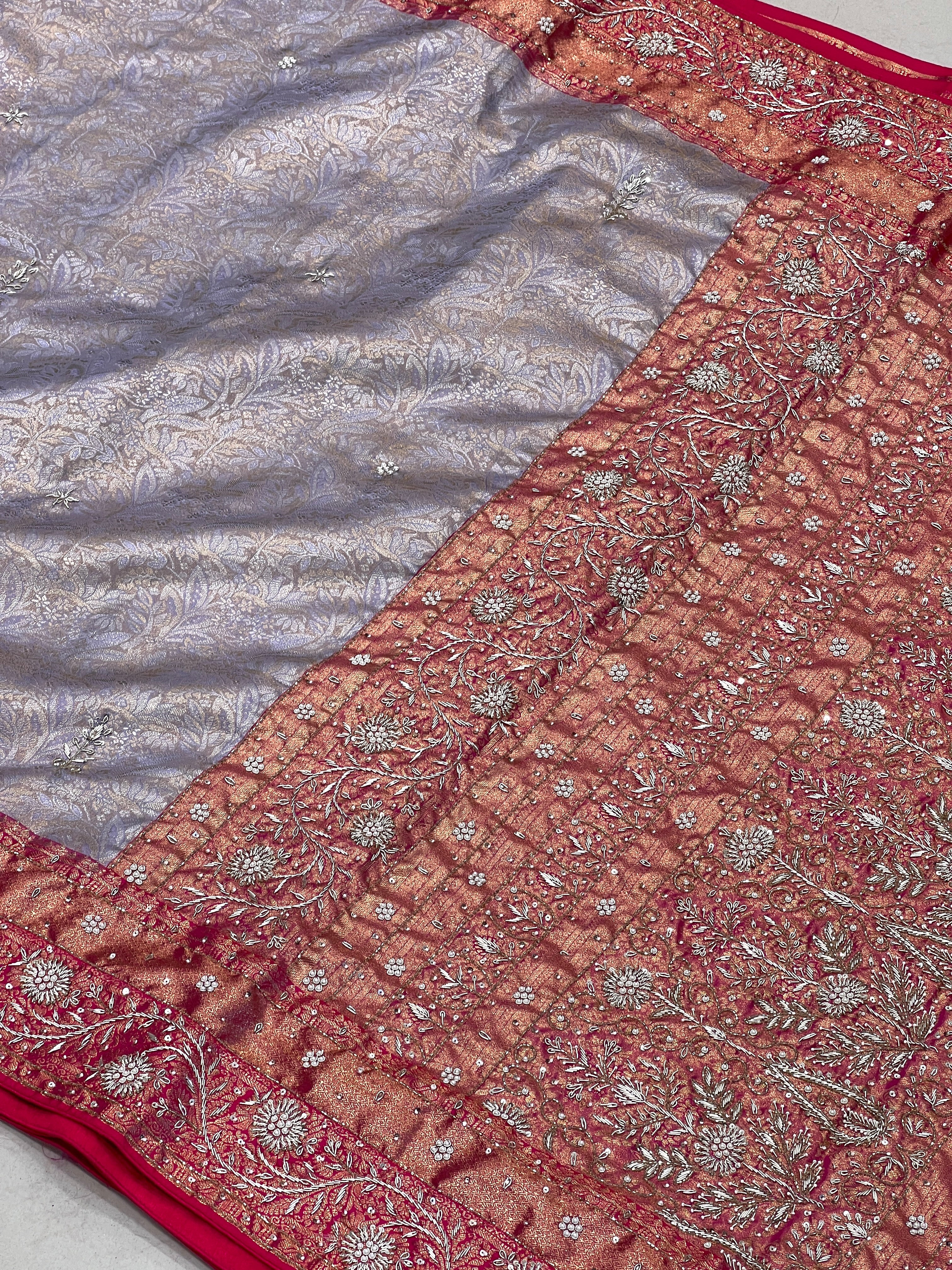 Lilac Pink Tissue Kanjivaram Hand Embroidery Saree