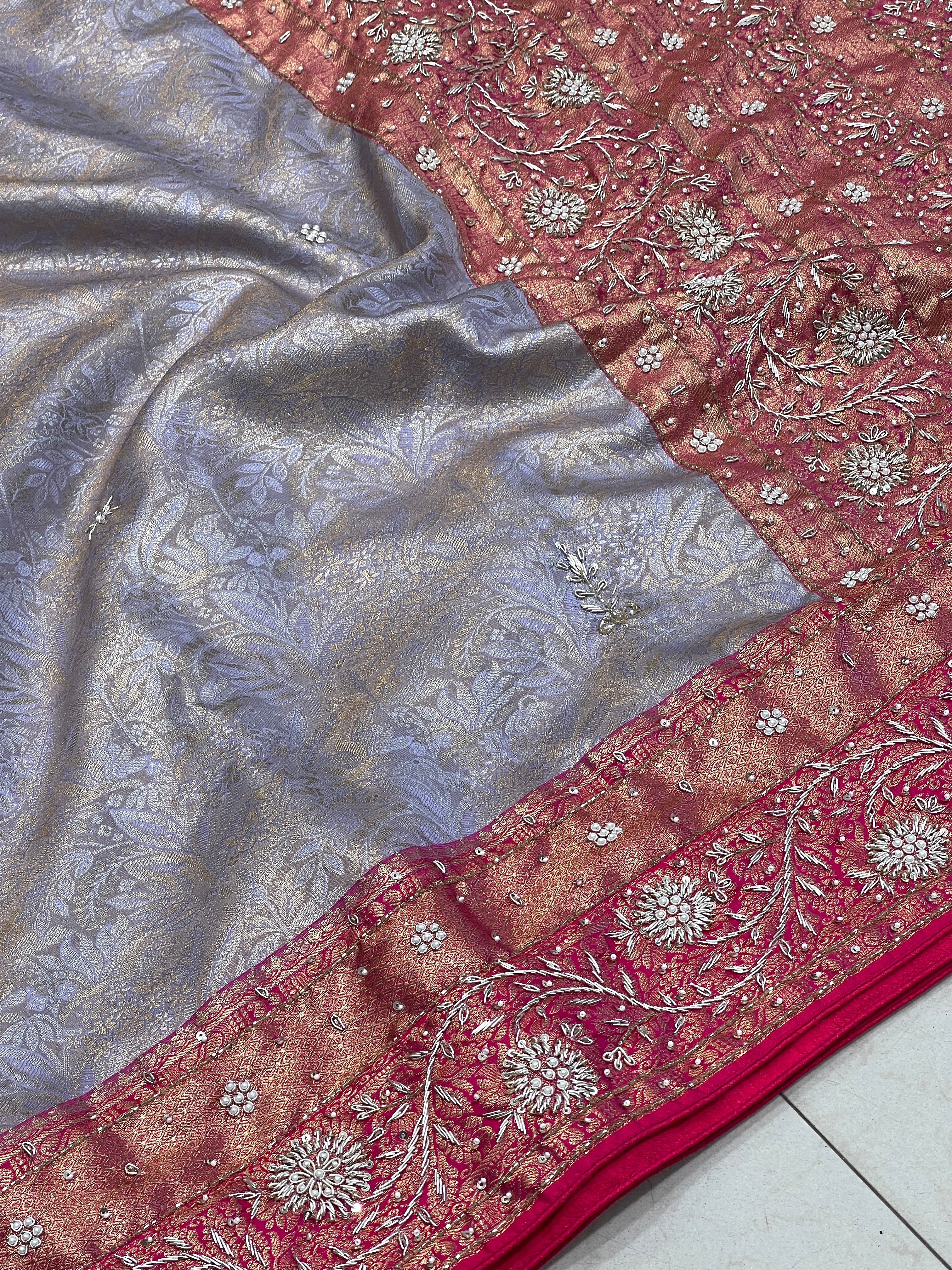 Lilac Pink Tissue Kanjivaram Hand Embroidery Saree