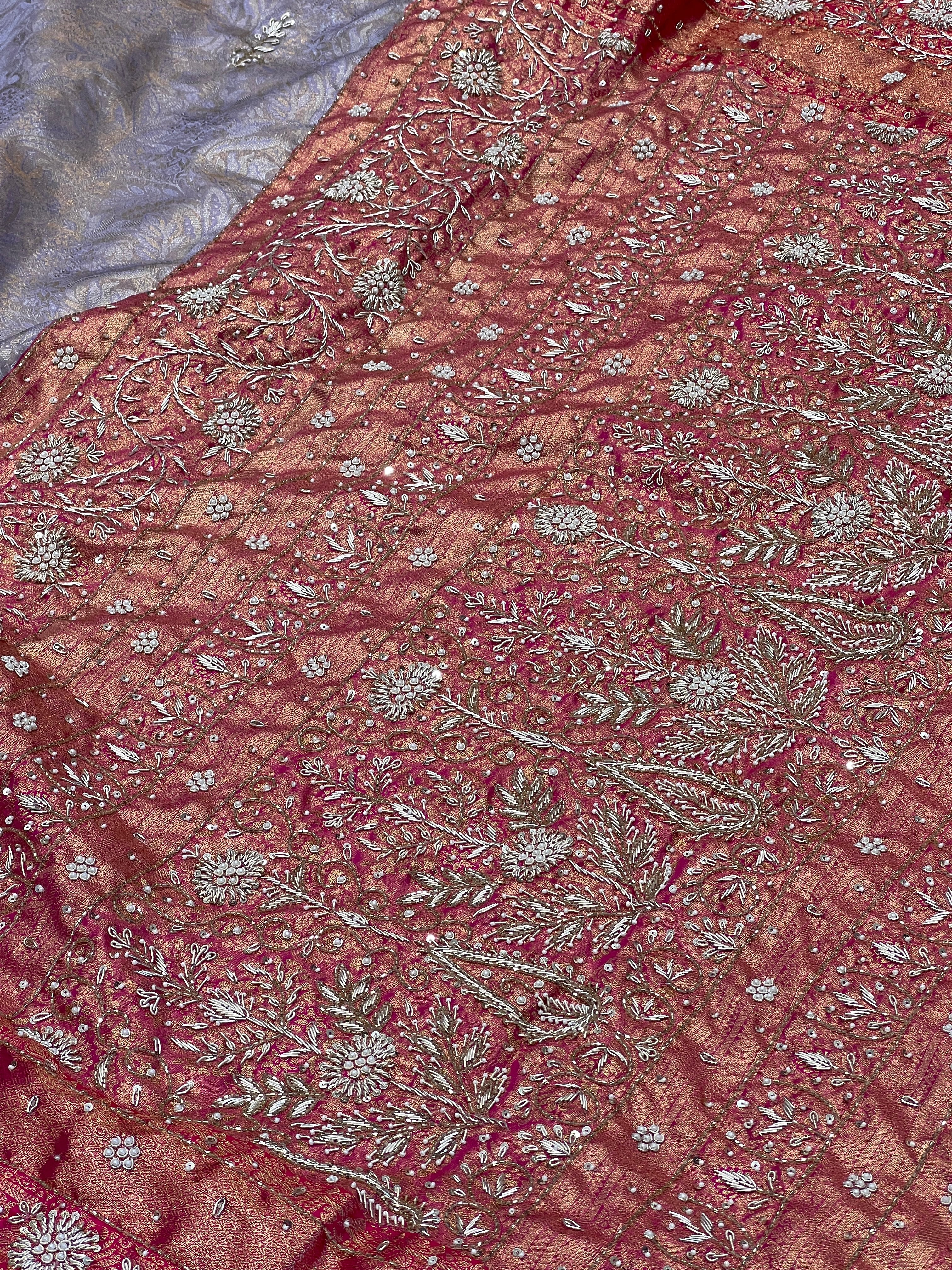Lilac Pink Tissue Kanjivaram Hand Embroidery Saree