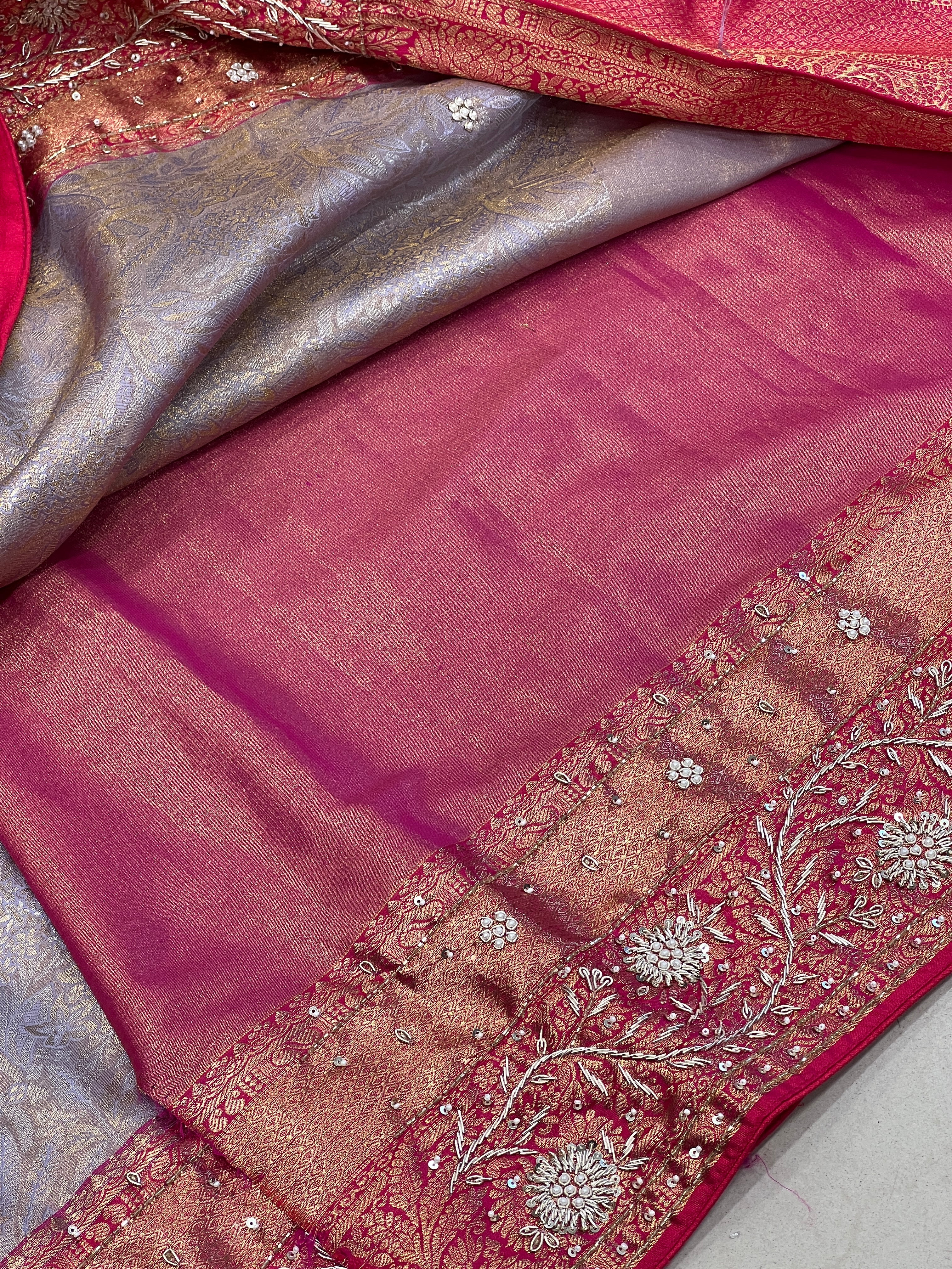 Lilac Pink Tissue Kanjivaram Hand Embroidery Saree