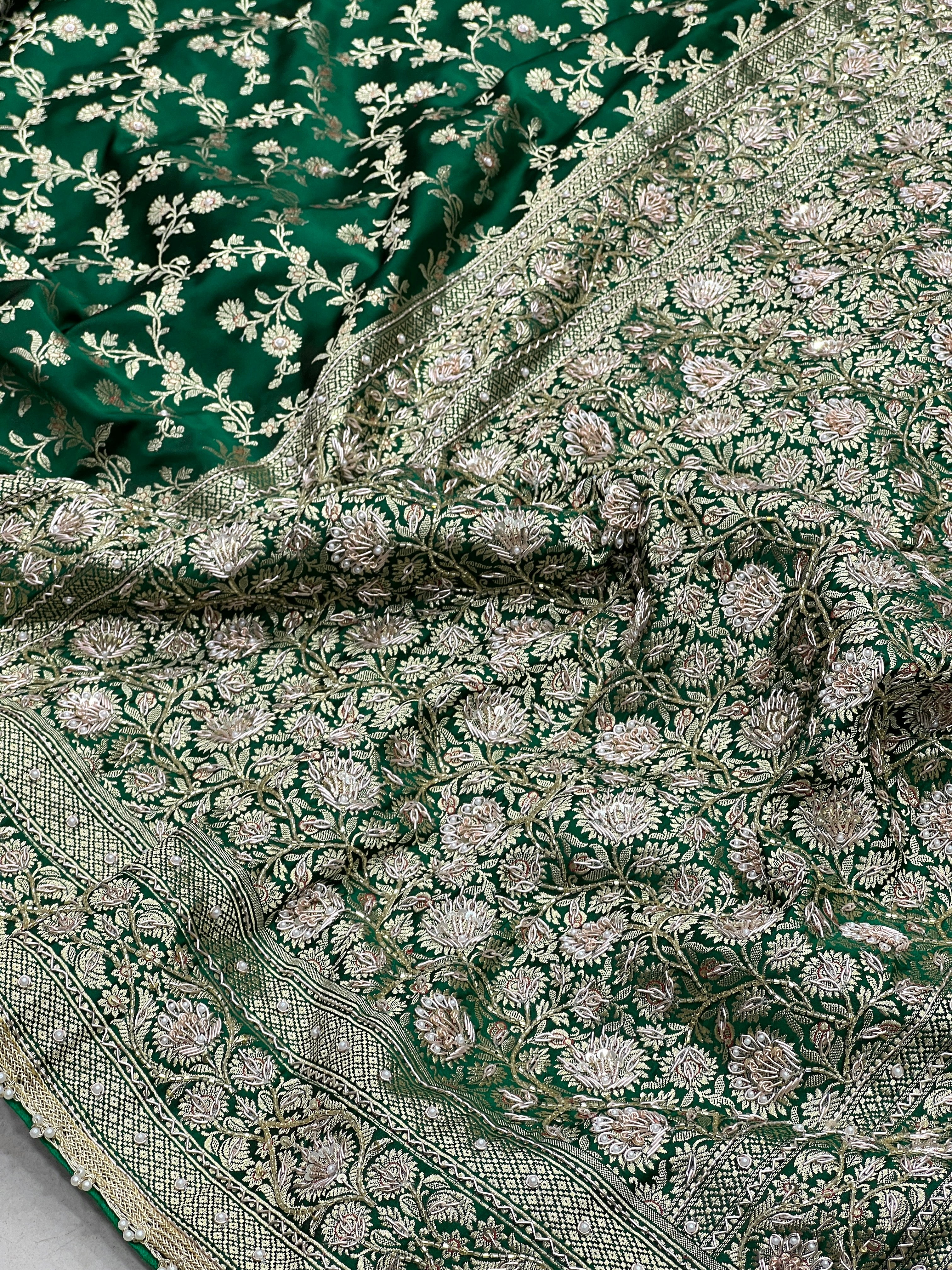 Green Banarasi Flower Border Zardozi Hand Embroidery Saree