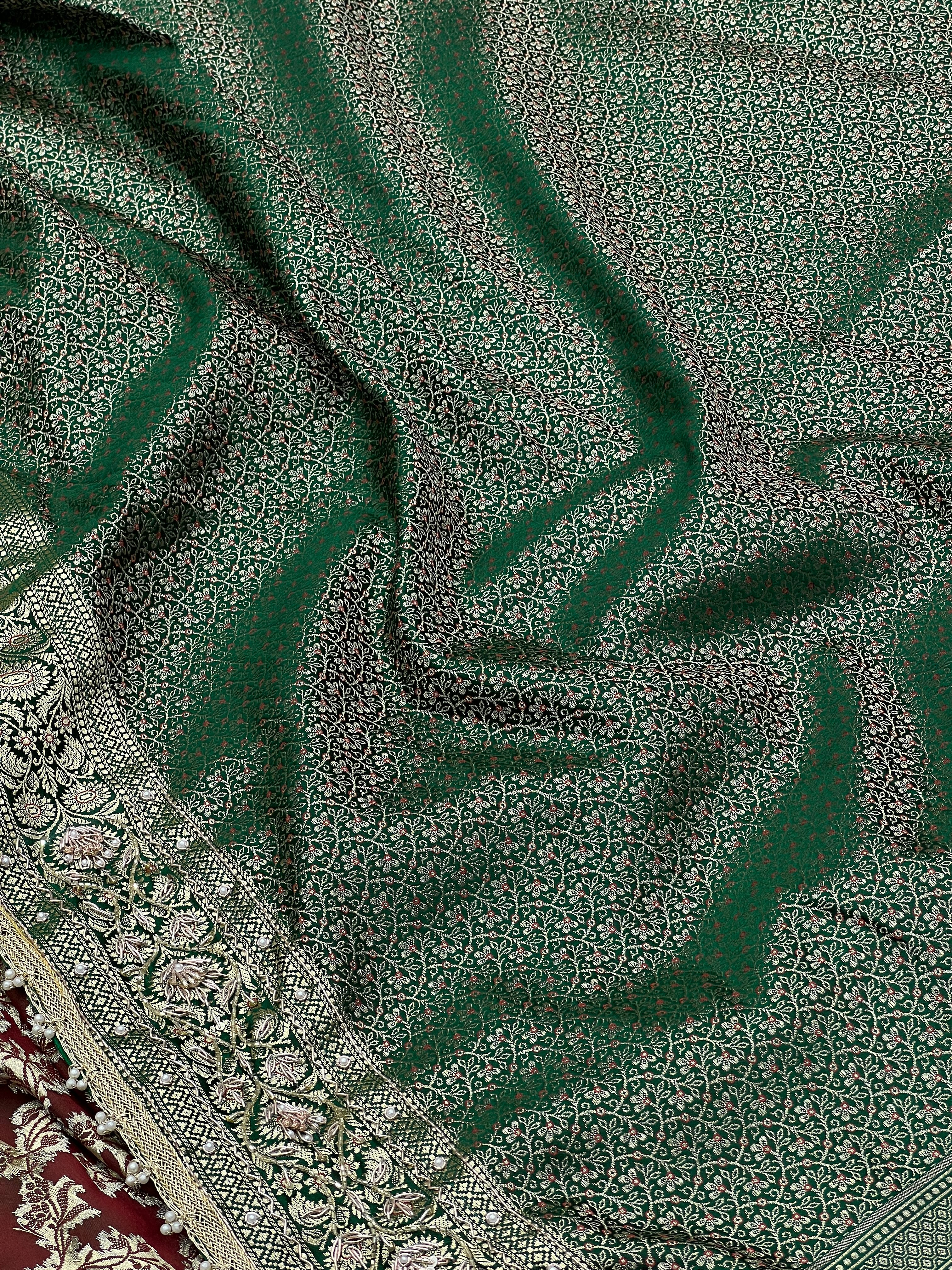 Green Banarasi Flower Border Zardozi Hand Embroidery Saree