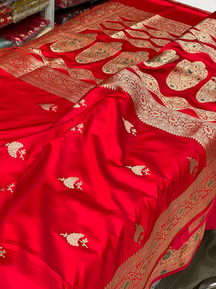 Red Banarasi Mushru Silk Meenakari Saree