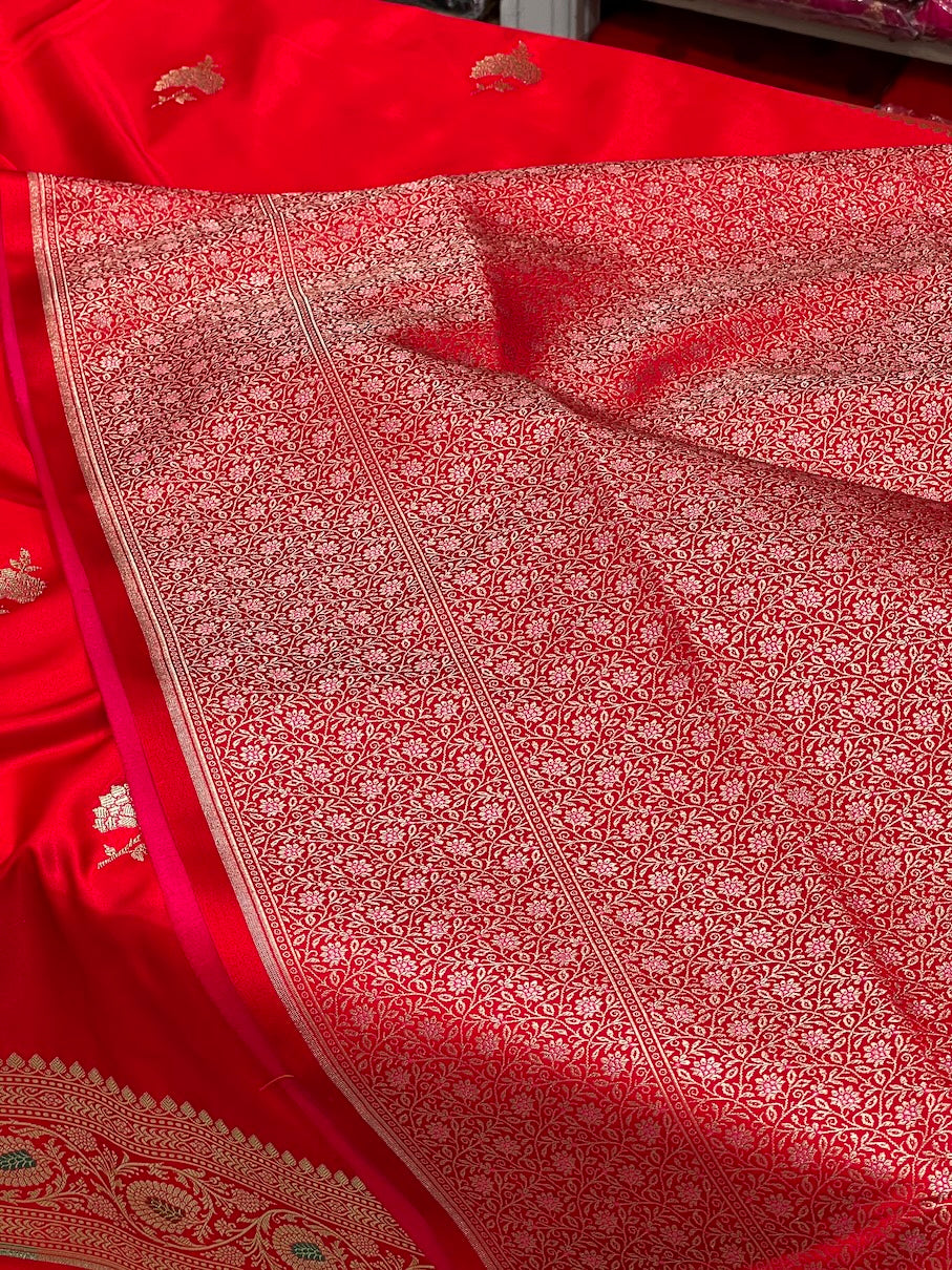 Red Banarasi Mushru Silk Meenakari Saree